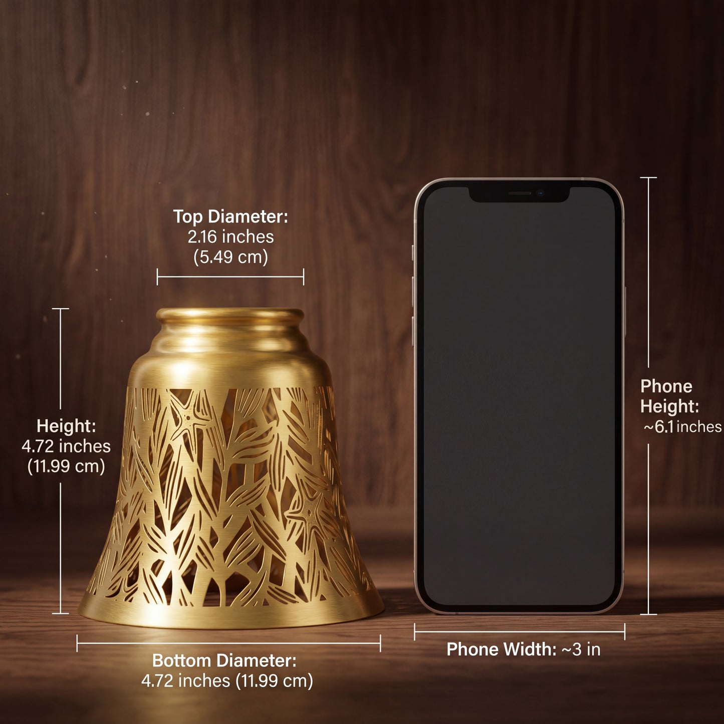Laser-cut starburst metal lamp shade set of 4 pack size dimension chart with smartphone size reference comparison, 2.16 inches top diameter x 4.72 inches height x 4.72 inches bottom diameter, 5.49 cm x 11.99 cm, antique bronze brushed brass exterior finish with gold interior, small compact clip-on decorative metal lamp shade for table lamp ceiling fan wall sconce pendant light replacement and home decor upgrades