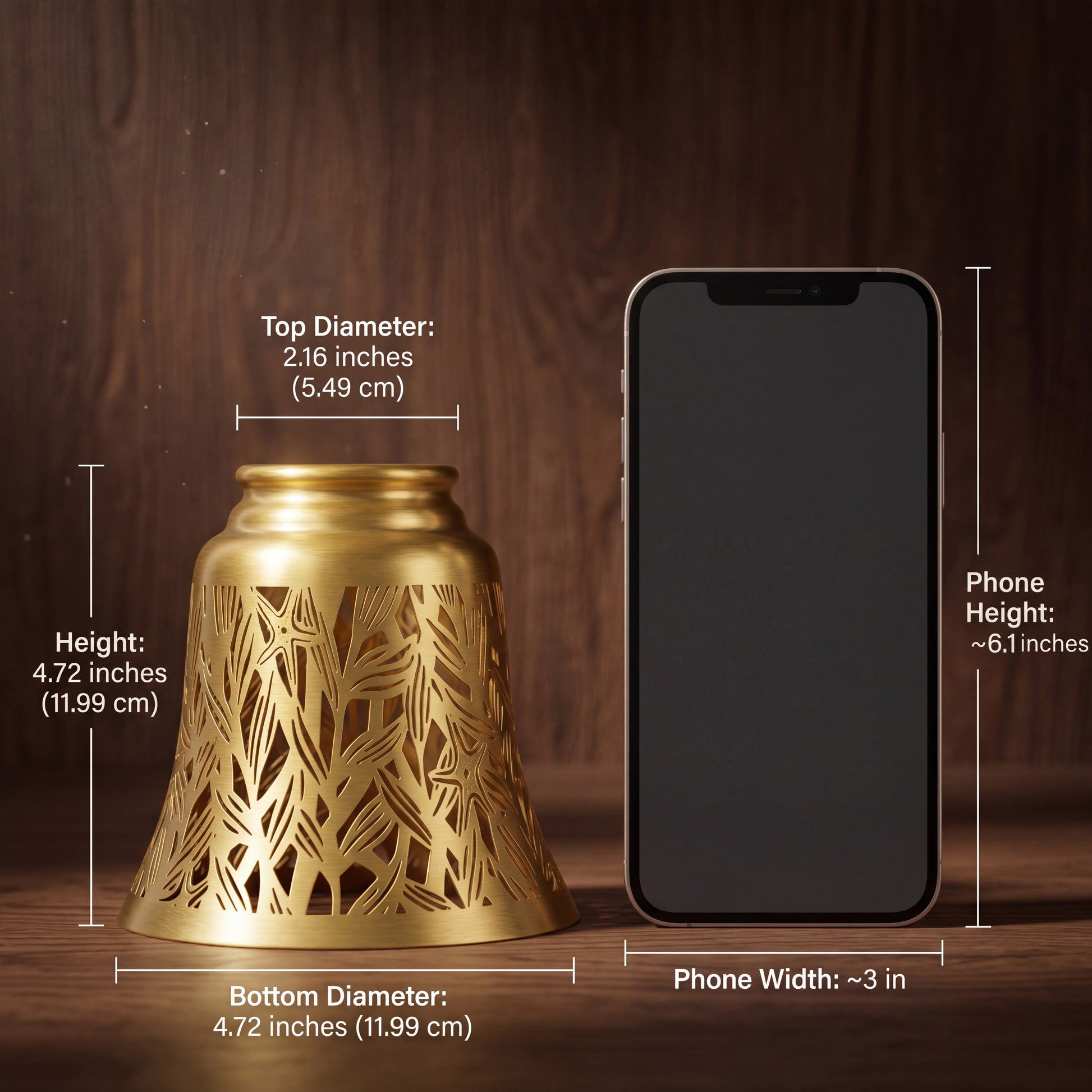 Laser-cut starburst metal lamp shade set of 4 pack size dimension chart with smartphone size reference comparison, 2.16 inches top diameter x 4.72 inches height x 4.72 inches bottom diameter, 5.49 cm x 11.99 cm, antique bronze brushed brass exterior finish with gold interior, small compact clip-on decorative metal lamp shade for table lamp ceiling fan wall sconce pendant light replacement and home decor upgrades