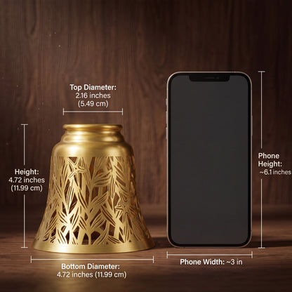 Laser-cut starburst metal lamp shade set of 4 pack size dimension chart with smartphone size reference comparison, 2.16 inches top diameter x 4.72 inches height x 4.72 inches bottom diameter, 5.49 cm x 11.99 cm, antique bronze brushed brass exterior finish with gold interior, small compact clip-on decorative metal lamp shade for table lamp ceiling fan wall sconce pendant light replacement and home decor upgrades