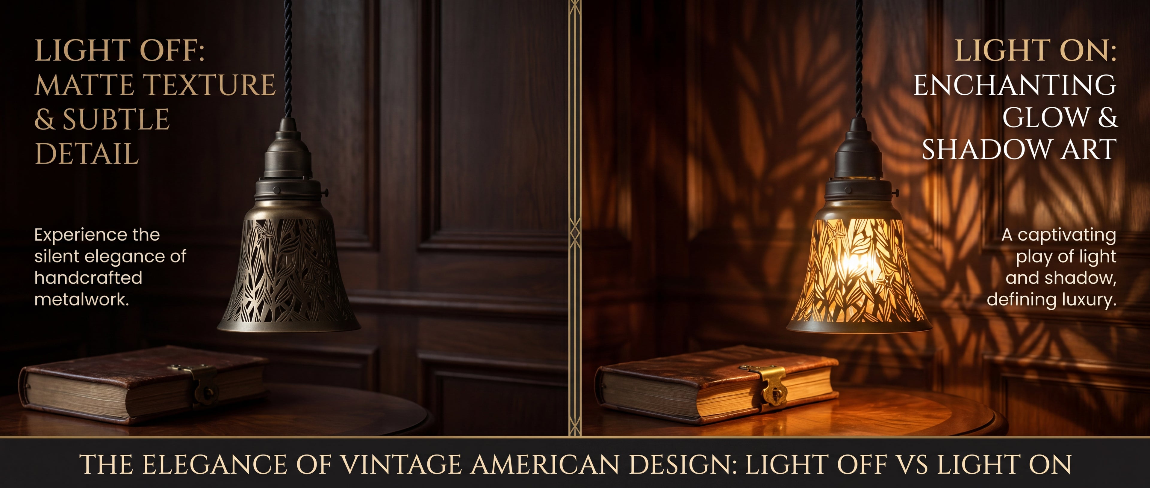 Laser-cut starburst metal lamp shade set of 4 pack light off and light on comparison split image, the elegance of vintage American design left side light off matte texture subtle detail silent elegance of handcrafted metalwork with leather bound book on wood side table, right side light on enchanting glow shadow art captivating play of light and shadow defining luxury with warm light projection and intricate shadow pattern on dark wood panel wall, clip-on small decorative metal lamp shade with antique bronz