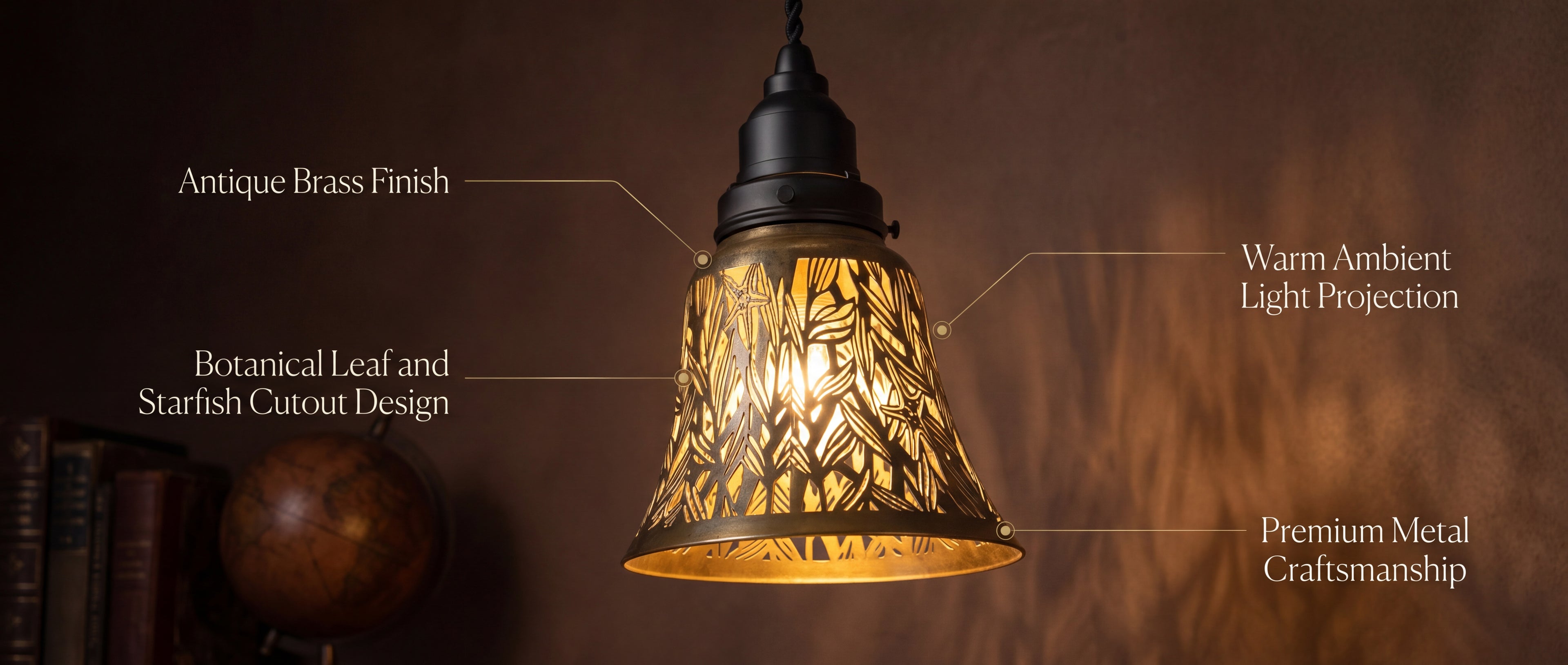 Laser-cut starburst metal lamp shade set of 4 pack single pendant light product features callout diagram, four key feature annotations antique brass finish top hardware, botanical leaf and starfish cutout design main shade body laser-cut pattern, warm ambient light projection warm gold interior light glow, premium metal craftsmanship solid metal construction, die-cast antique brass lamp shade for pendant light ceiling fan wall sconce and table lamp replacement in vintage modern home decor