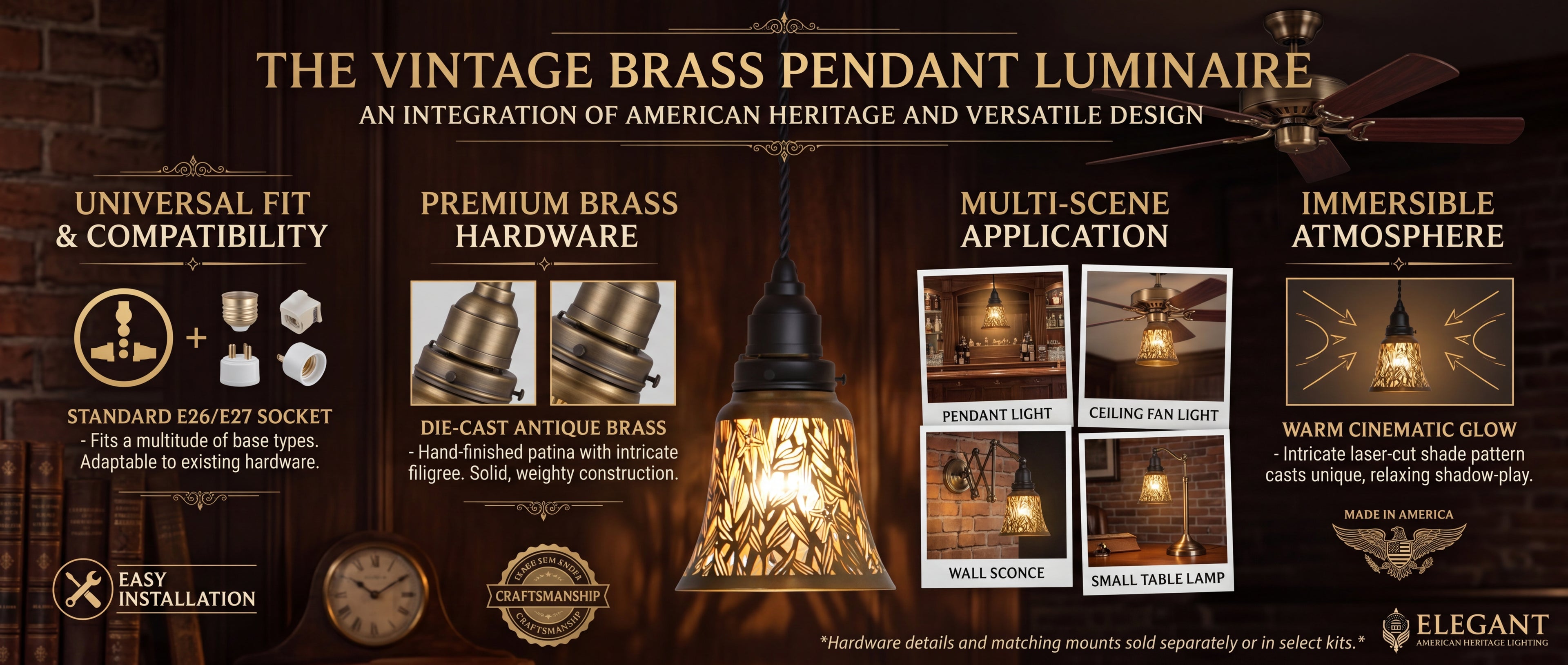 Laser-cut starburst metal lamp shade set of 4 pack vintage brass pendant luminaire product feature infographic, an integration of American heritage and versatile design, four key features universal fit and compatibility with standard E26 E27 socket fits multiple base types, premium brass hardware die-cast antique brass hand-finished patina intricate filigree solid weighty construction, multi-scene application pendant light ceiling fan light wall sconce small table lamp, immersive atmosphere warm cinematic g