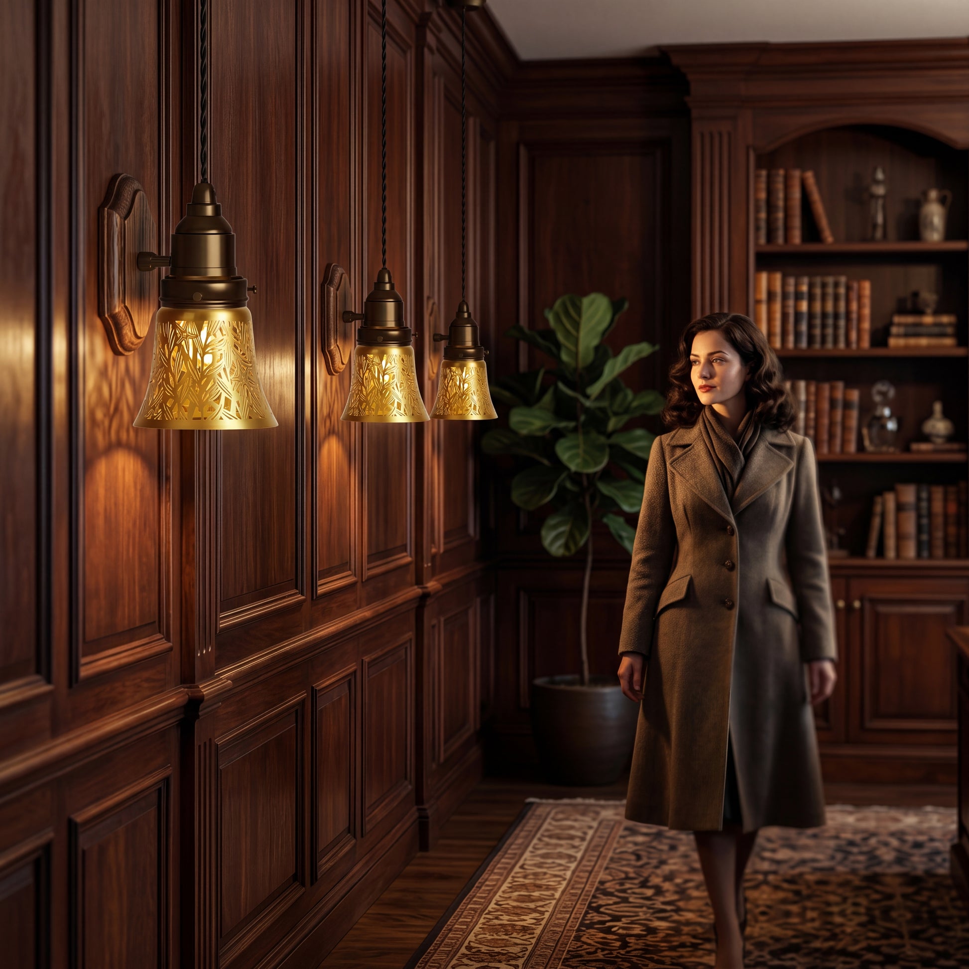 Laser-cut starburst metal lamp shade set of 4 pack clip-on small decorative shades installed on brass pendant hanging lights and wall sconces, antique bronze gold starburst pattern creating warm ambient retro lighting effects, vintage wood panel library hallway study corridor with leather bound books bookshelves area rug and fiddle leaf fig plant, ideal replacement lamp shade for wall sconces pendant lights and table lamps in vintage modern interiors
