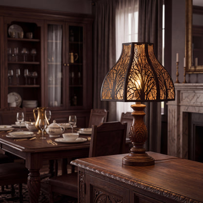 Lotus Forest Metal Lampshade with 8-Petal Design Installed on Tall Ornate Twisted or Barley-Twist Dark Wood and Antique Brass Candlestick Floor Lamp with Decorative Carved Leaf or Foliage Motif on Wooden Base, Twisted Metal or Wood Stem, and Round Dark Wood Plinth Base Placed in Cozy Rustic Traditional Living Room or Den with Stone Fireplace - Room Features Include Large Rough-Hewn Natural Stone or Fieldstone Fireplace with Wood Mantel Shelf Holding Framed Family Photos and White Taper Candles in Brass or I