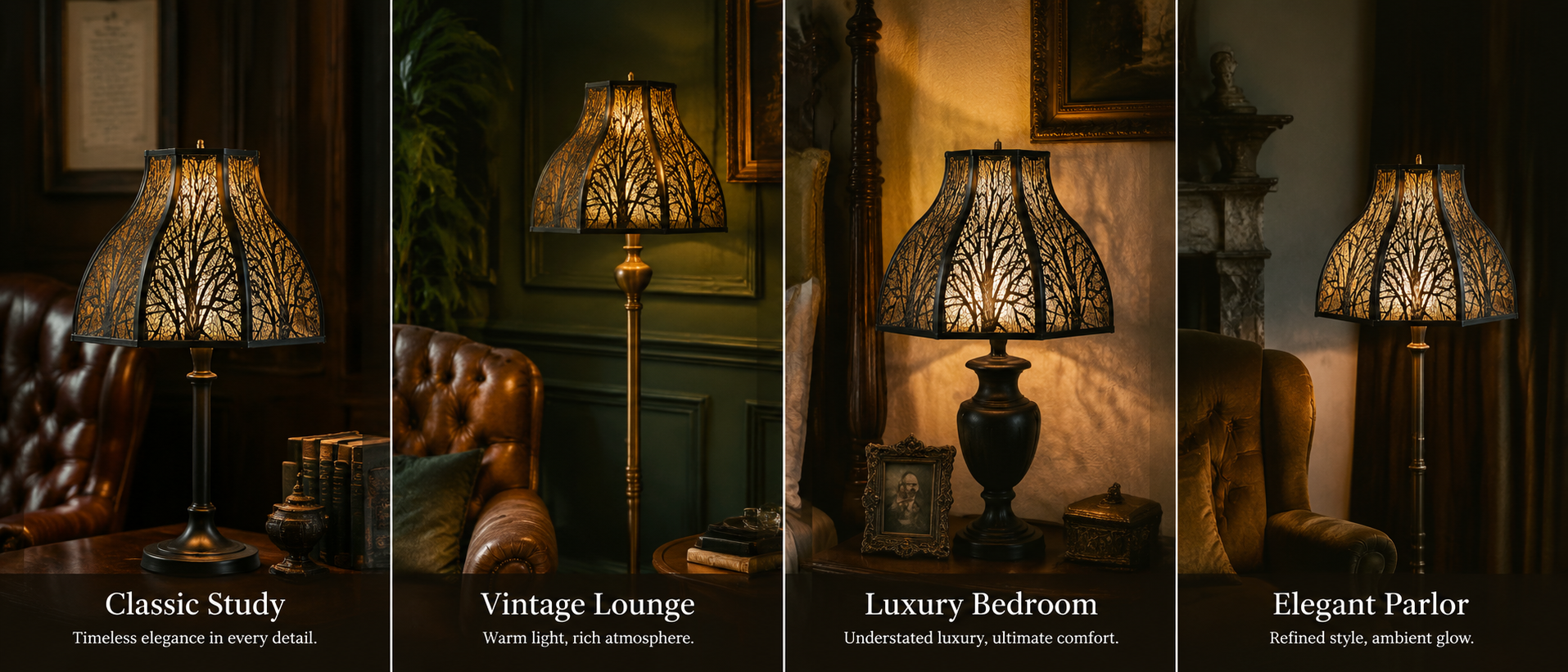 Lotus Forest Metal Lampshade with 8-Petal Design Multi-Room Application Four-Panel Grid Banner - Four Separate Room Settings Each with Decorative Label: Left Panel "Classic Study - Timeless elegance in every detail" - Shade on Dark Bronze or Antique Brass Candlestick Table Lamp with Round Base on Dark Wood Table in Classic Study or Library with Dark Brown Tufted Leather Wingback Chair or Chesterfield Chair Portion, Dark Wood Bookshelf or Bookcase with Antique Books with Decorative Spines, Framed Document or