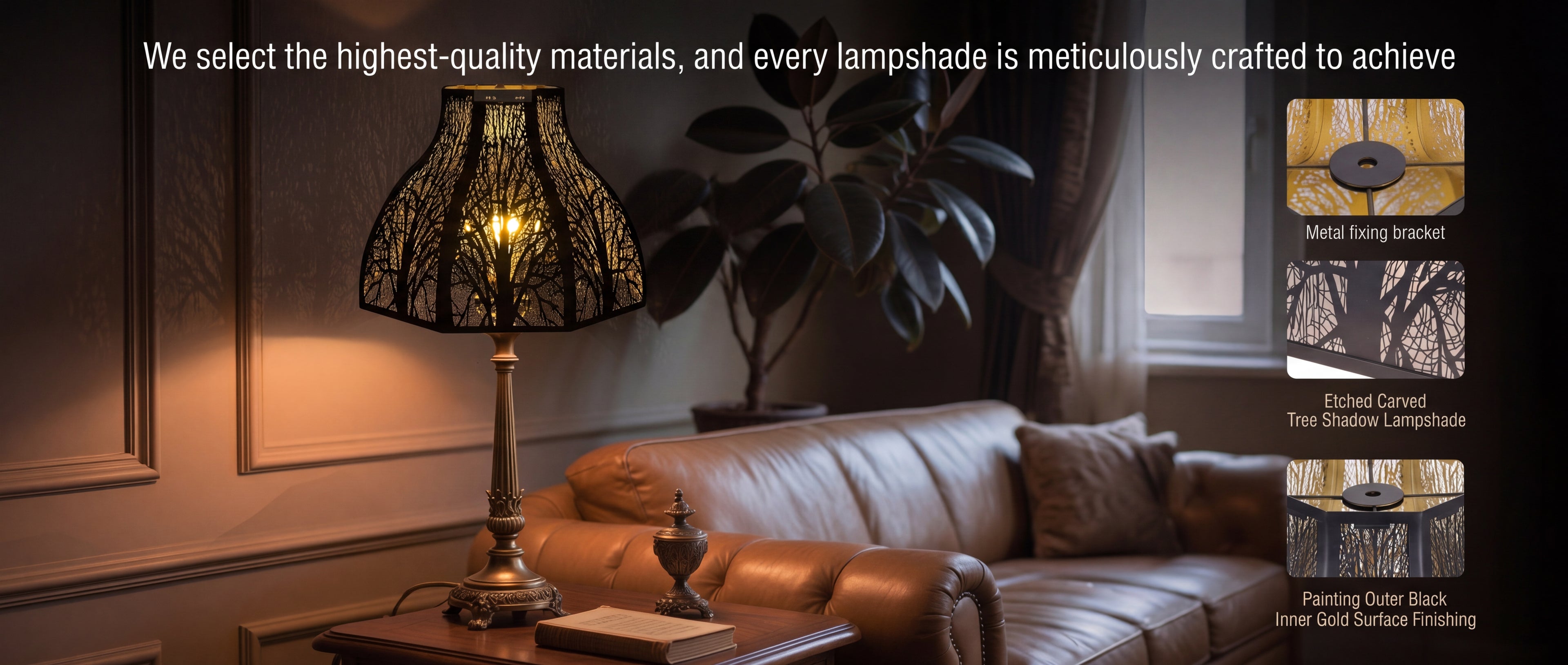 Lotus Forest Metal Lampshade with 8-Petal Design "High-Quality Materials and Meticulous Craftsmanship" Feature Banner with Text "We select the highest-quality materials, and every lampshade is meticulously crafted to achieve" - Main Image Shows Shade Installed on Elegant Antique Brass or Gold Candlestick Table Lamp with Ornate Decorative Scrollwork Claw Feet or Scrolled Base - Lamp Resting on Dark Wood Side Table in Traditional Living Room with Tan or Cognac Chesterfield Tufted Leather Sofa with Decorative 
