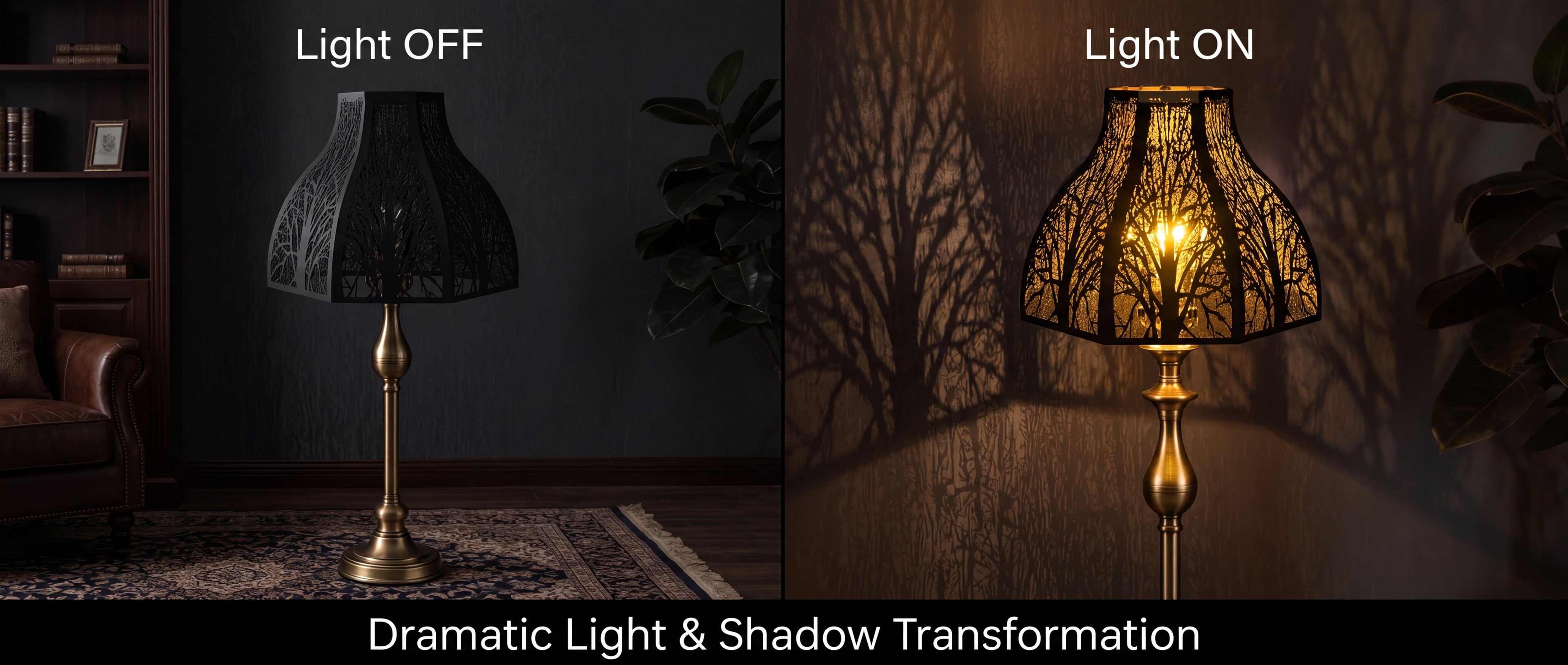 Lotus Forest Metal Lampshade with 8-Petal Design "Light OFF vs Light ON" Two-Panel Comparison Banner - Title Text "Dramatic Light and Shadow Transformation" - Both Panels Feature Same Elegant Antique Brass or Gold Candlestick Floor Lamp with Decorative Urn-Shaped Stem and Round Fluted Base - Lamp Resting on Oriental Pattern Rug or Carpet with Traditional Motifs in Brown, Beige, and Ivory Tones - Set in Traditional Interior with Dark Grey Wood Panel Wall with Bookshelf Books, Framed Photos, Brown Leather Cha