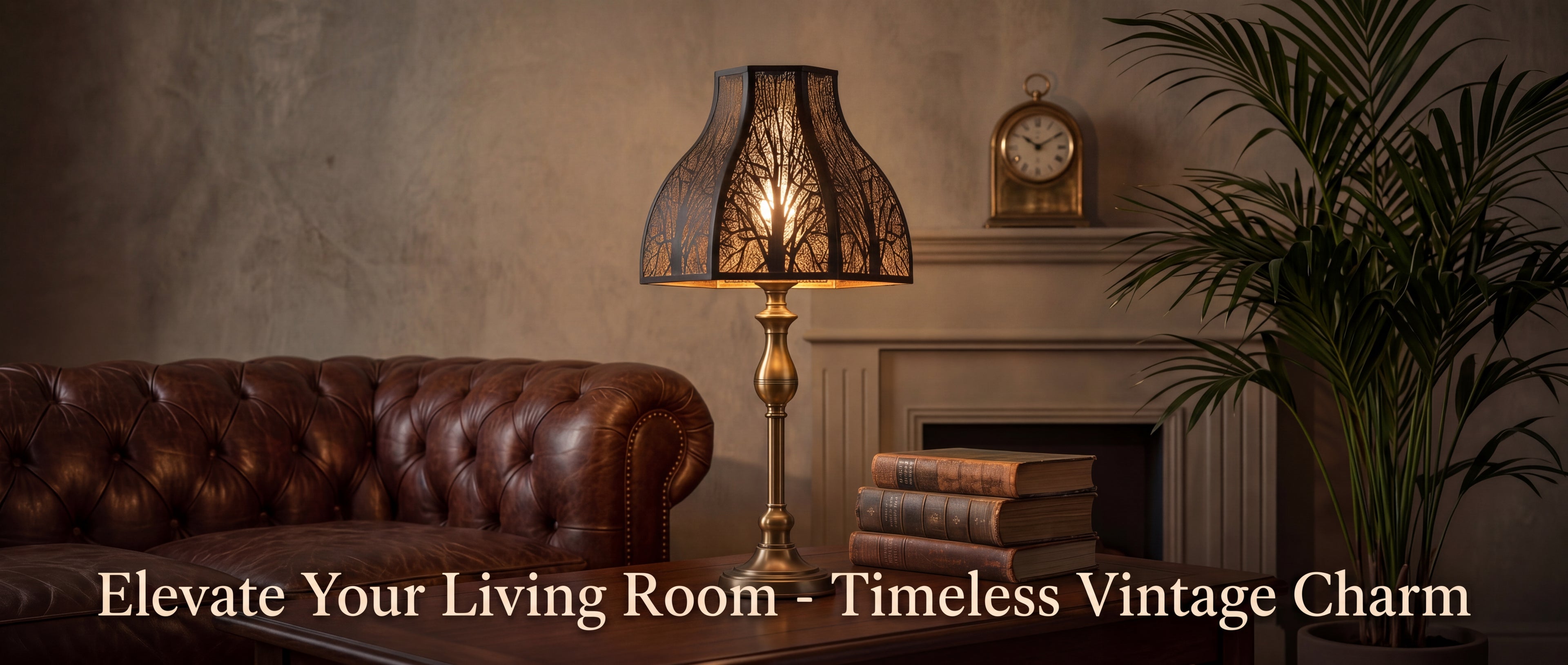 Lotus Forest Metal Lampshade with 8-Petal Design "Elevate Your Living Room - Timeless Vintage Charm" Feature Banner - Shade Installed on Elegant Antique Brass or Antique Gold Candlestick Table Lamp with Decorative Fluted or Urn-Shaped Stem and Round Stepped Fluted Base - Lamp Resting on Dark Wood Coffee Table or Sofa Table with Decorative Stack of Three Antique Leather-Bound Books with Aged Brown and Tan Covers - Elegant Traditional Living Room Setting Features Rich Brown or Cognac Chesterfield Tufted Leath