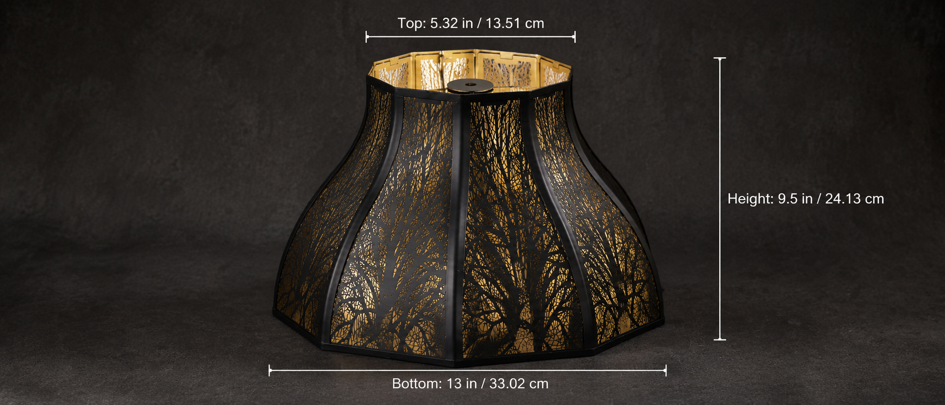 Lotus Forest Metal Lampshade with 8-Petal Design Product Dimensions Chart Against Dark Textured Charcoal Grey or Slate Stone Background - Product Shot Shows Lamp Shade from Three-Quarter Angle Illuminated from Within with Warm Light - Precise Measurements Marked with Thin White Lines: TOP 5.32 in (13.51 cm) - Octagonal or Eight-Sided Top Opening, BOTTOM 13 in (33.02 cm) - Widest Point Diameter, HEIGHT 9.5 in (24.13 cm) - Overall Height - Spider Fitter (Cross-Shaped Metal Fixing Bracket with Center Ring for 