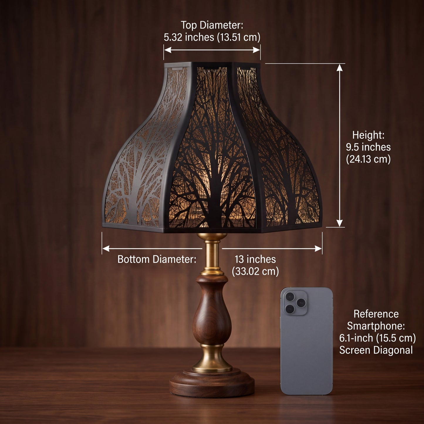 Lotus Forest Metal Lampshade Precise Dimensions Size Reference Chart with 8-Petal Design - Shade Installed on Elegant Turned Dark Wood and Antique Brass or Gold Candlestick Table Lamp with Decorative Carved Wood Bulbous Section, Brass or Gold Metal Stem Connectors, and Round Dark Wood Base - Resting on Polished Dark Walnut Wood Table with Wood Grain - Rich Warm Brown Wood Grain Panel Wall Background - Precise Measurements Marked with White Lines: TOP DIAMETER 5.32 inches (13.51 cm), BOTTOM DIAMETER 13 inche