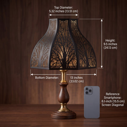 Lotus Forest Metal Lampshade Precise Dimensions Size Reference Chart with 8-Petal Design - Shade Installed on Elegant Turned Dark Wood and Antique Brass or Gold Candlestick Table Lamp with Decorative Carved Wood Bulbous Section, Brass or Gold Metal Stem Connectors, and Round Dark Wood Base - Resting on Polished Dark Walnut Wood Table with Wood Grain - Rich Warm Brown Wood Grain Panel Wall Background - Precise Measurements Marked with White Lines: TOP DIAMETER 5.32 inches (13.51 cm), BOTTOM DIAMETER 13 inche