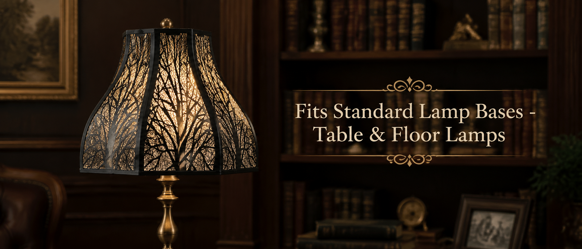 Lotus Forest Metal Lampshade with 8-Petal Design "Fits Standard Lamp Bases - Table and Floor Lamps" Compatibility Feature Banner - Left Side Large Lifestyle Image Shows Shade Installed on Tall Elegant Antique Brass or Gold Candlestick Floor Lamp with Decorative Urn-Shaped Stem and Round Base - Set in Traditional Study or Home Library with Dark Wood Panel Wall, Floor-to-Ceiling Dark Wood Built-In Bookshelves or Bookcase Cabinets Filled with Rows of Antique Decorative Books on Multiple Shelves Including Decor