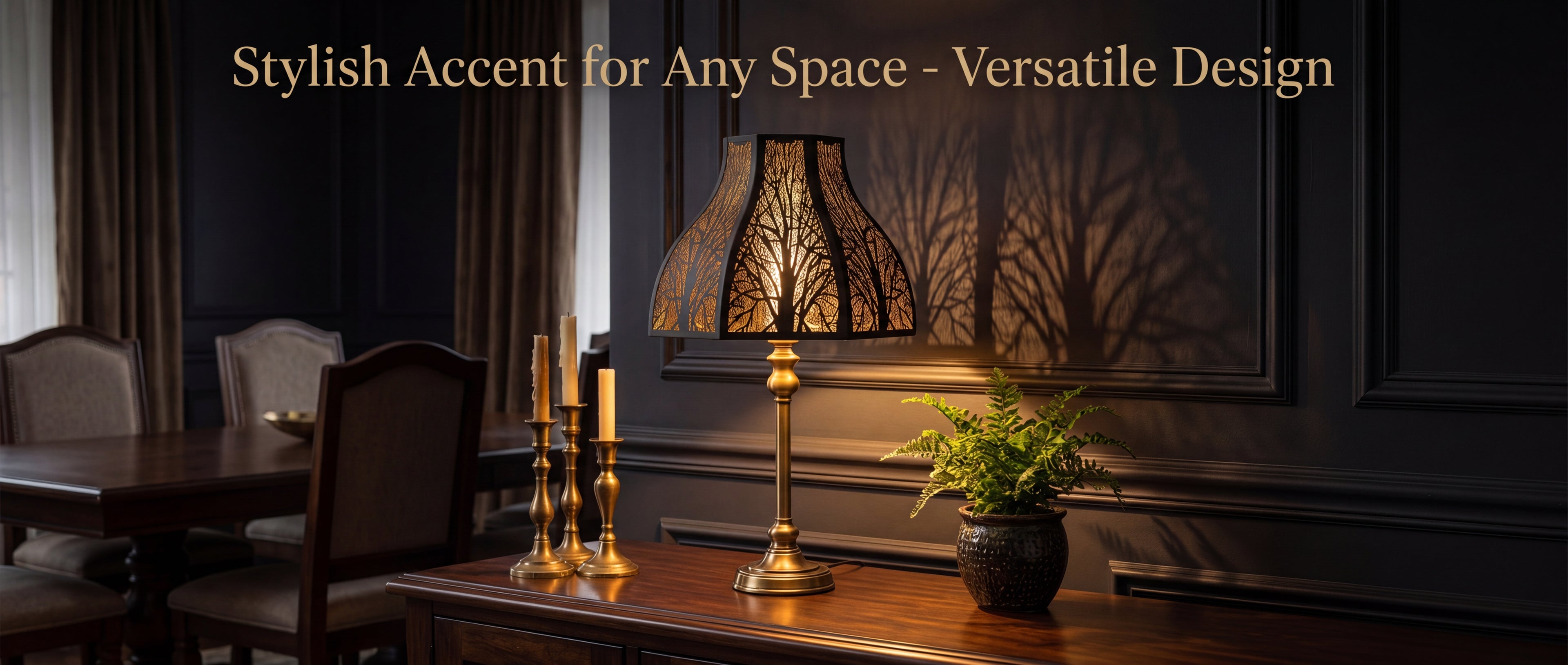 Lotus Forest Metal Lampshade with 8-Petal Design "Stylish Accent for Any Space - Versatile Design" Feature Banner - Shade Installed on Elegant Antique Brass or Gold Candlestick Table Lamp with Decorative Fluted or Urn-Shaped Stem and Round Fluted Base - Lamp Resting on Polished Dark Walnut Wood Sideboard, Server or Console Table with Paneled Doors - Decorative Accessories Include Three Matching Ornate Antique Brass or Gold Candlesticks of Varying Heights with White Taper Candles, Decorative Ceramic or Stone