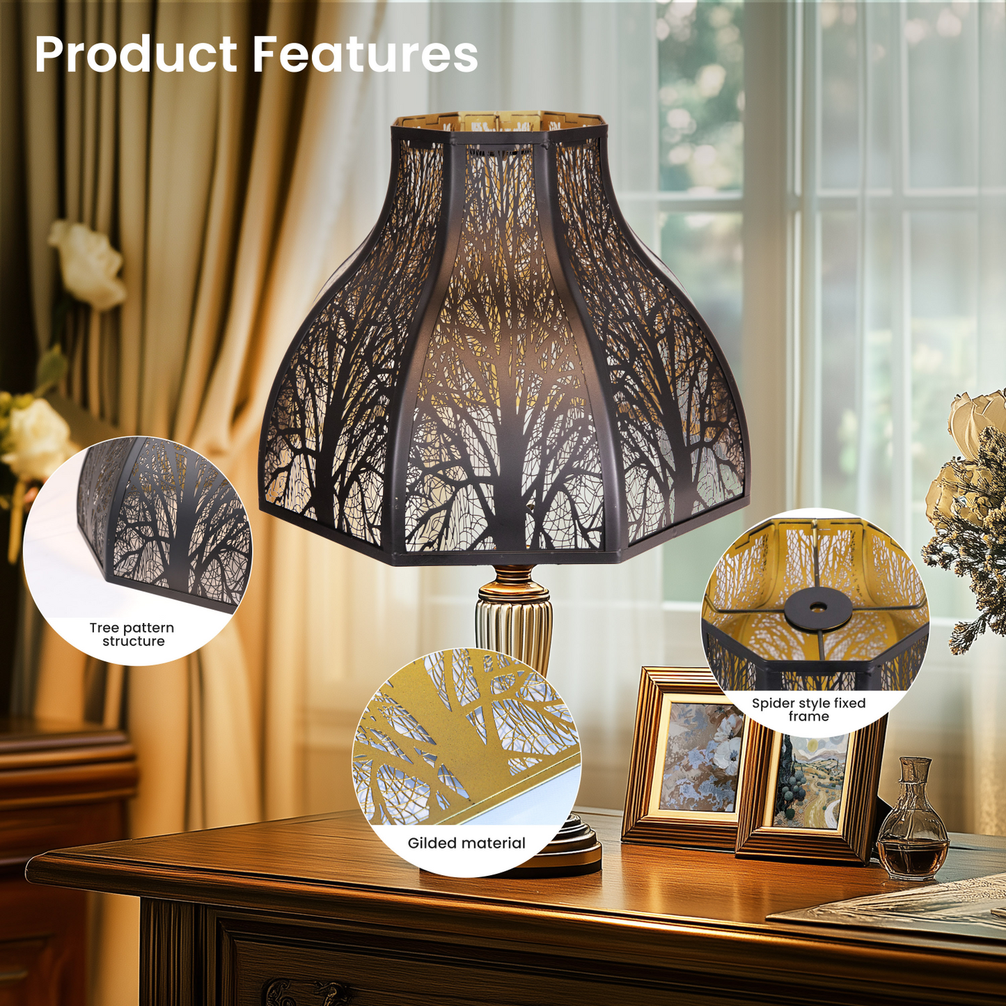 Close-up of hand etched forest pattern on lotus metal lampshade highlighting detailed craftsmanship and vintage texture finish