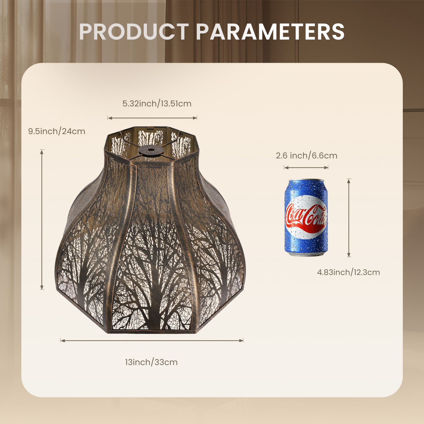 Lotus metal lampshade creating warm ambient glow when lit enhancing vintage rustic interior atmosphere