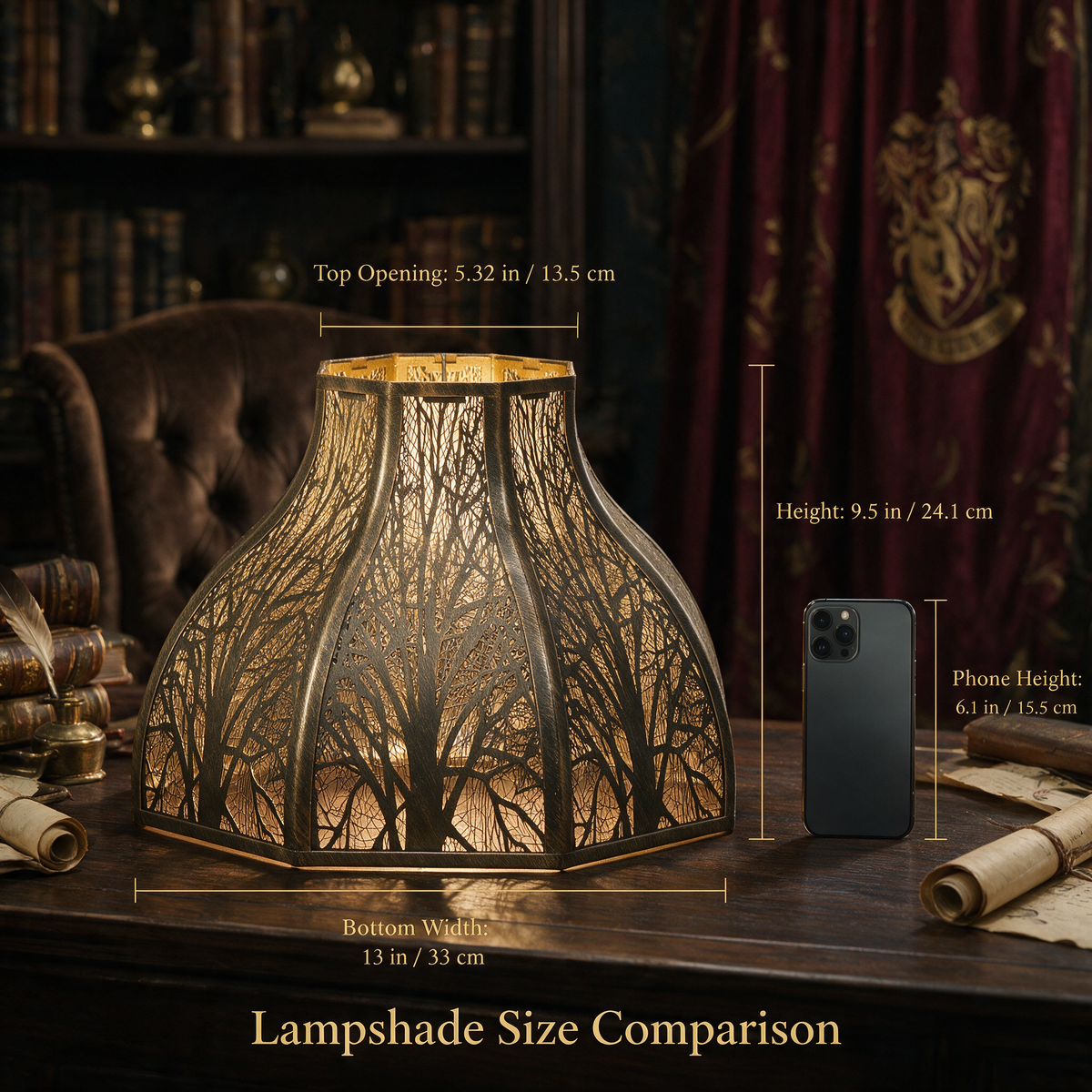 Lotus large metal lamp shade size comparison, measuring 5.32 x 13 x 9.5 inches with antique bronze finish.