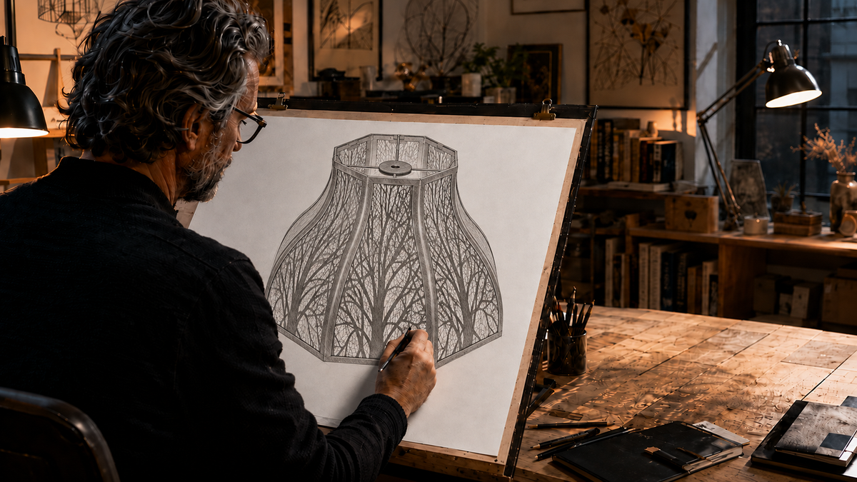 Design sketch of a lotus shape metal lamp shade with detailed forest cutout panels and spider fitter construction.