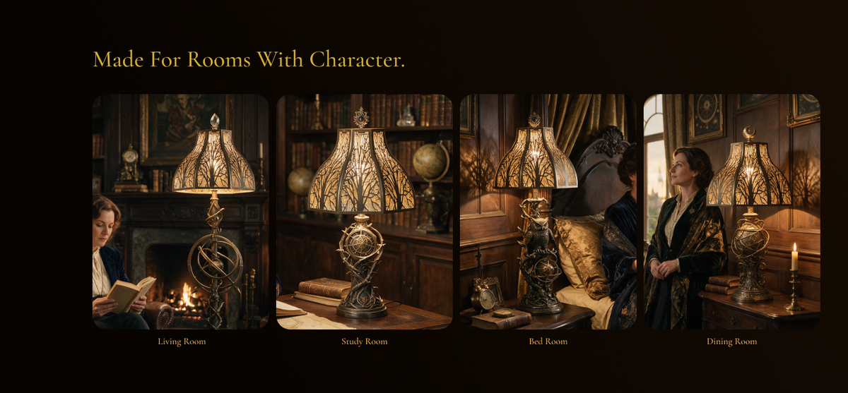 Lotus metal lamp shade styled in living room, study, bedroom and dining room interiors with warm vintage lighting.
