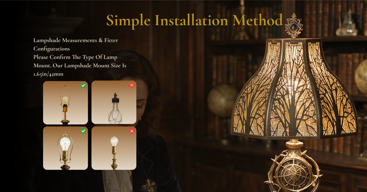 Lotus metal lamp shade installation guide showing compatible spider fitter lamp mounts for table lamps.