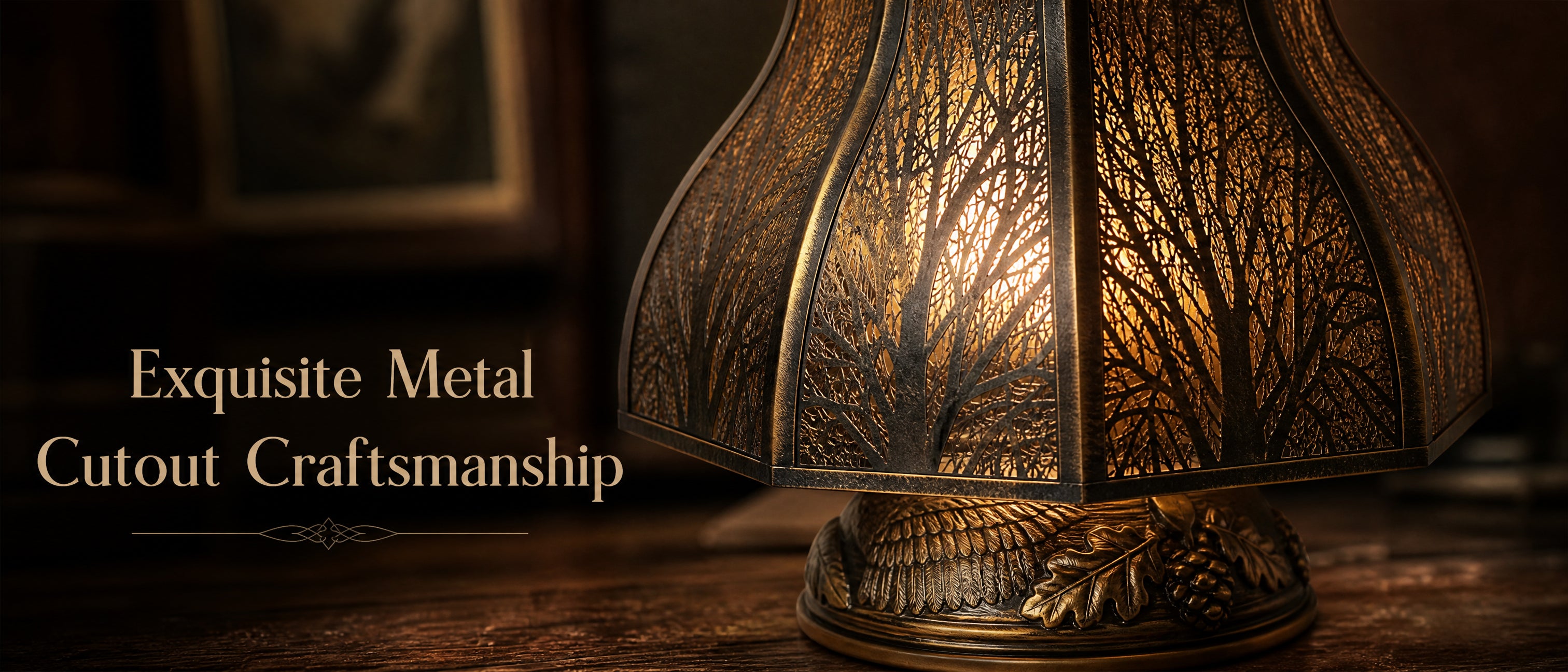 Lotus Shape Large Metal Lamp Shade "Exquisite Metal Cutout Craftsmanship" Close-Up Feature Banner - Shown Installed on Ornate Antique Bronze or Aged Brass Eagle Themed Table Lamp Base Featuring Detailed Carved Eagle Feather Sculpture with Oak Leaf and Grape Cluster or Pinecone Motif - Shade Resting on Polished Dark Wood Table with Visible Wood Grain - Warm Dark Background with Subtle Bokeh Effect and Portion of Framed Vintage Artwork or Oil Painting - Antique Bronze or Aged Brass 8-Petal Lotus or Bell Shape