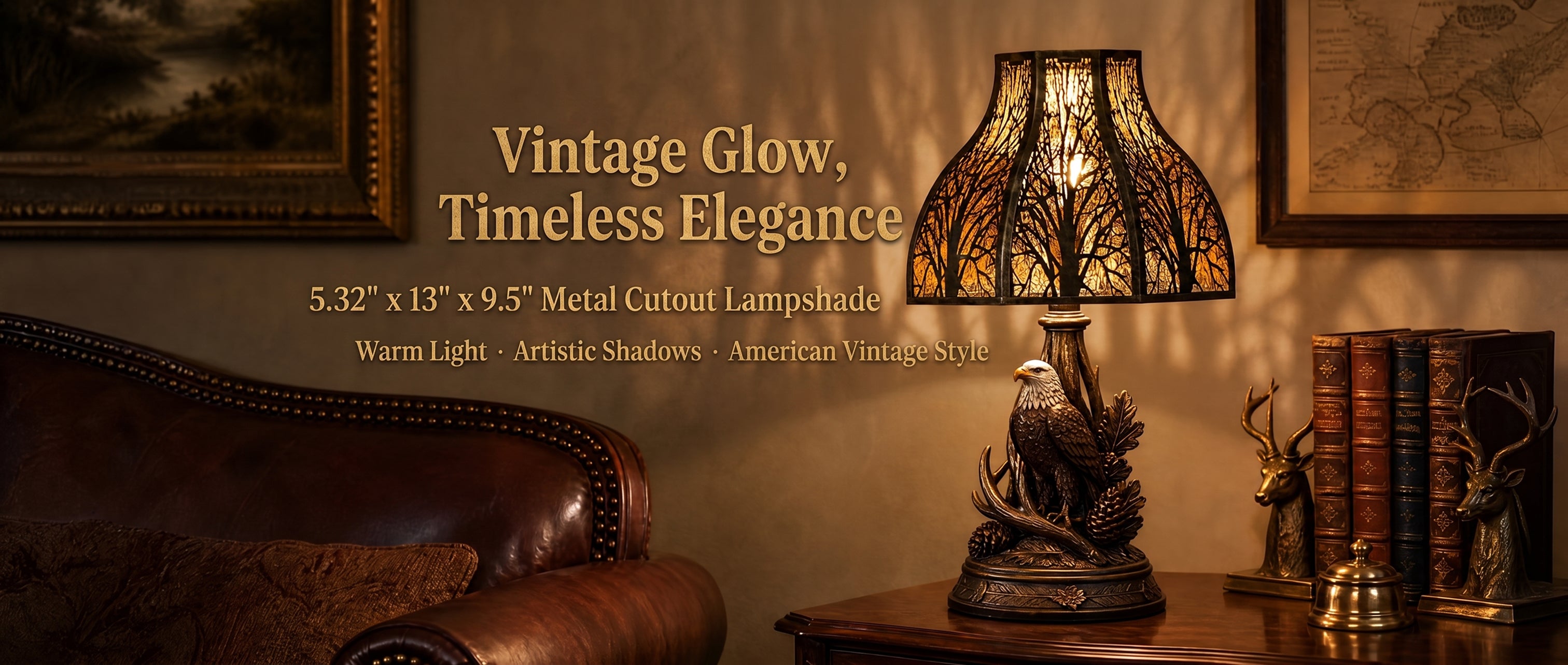 Lotus Shape Large Metal Lamp Shade "Vintage Glow, Timeless Elegance" Product Feature Banner - 5.32 inch x 13 inch x 9.5 inch Metal Cutout Lampshade with Warm Light, Artistic Shadows, American Vintage Style - Shade Installed on Ornate Antique Bronze or Aged Brass Eagle Table Lamp Base Featuring Detailed Bald Eagle Sculpture with Pine Tree Branches and Pinecones, Decorative Oval Resin or Bronze Base with Embossed Leaf or Oak Motif - Lamp Resting on Polished Dark Walnut Wood Side Table or End Table with Dark W