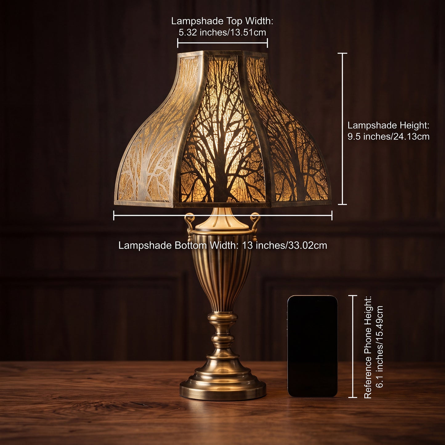 Lotus Shape Large Metal Lamp Shade Precise Dimensions Size Reference Chart - Shade Installed on Ornate Antique Bronze or Aged Brass Urn-Shaped Table Lamp with Decorative Urn Body, Two Scrollwork Handles, and Fluted Stepped Plinth Base - Resting on Polished Dark Walnut Wood Table with Wood Grain - Rich Dark Wood Panel Wall Background with Decorative Panel Moldings - Precise Measurements Marked with White Lines: LAMPSHADE TOP WIDTH 5.32 inches (13.51 cm), LAMPSHADE BOTTOM WIDTH 13 inches (33.02 cm), LAMPSHADE