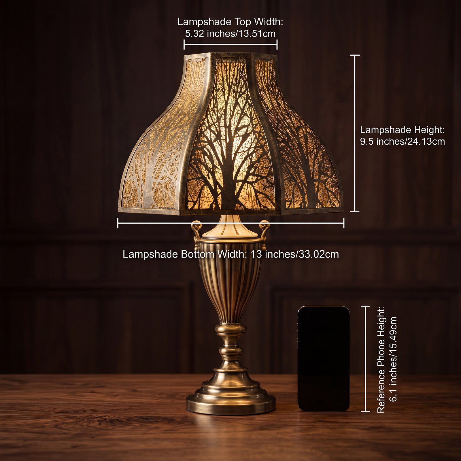 Lotus Shape Large Metal Lamp Shade Precise Dimensions Size Reference Chart - Shade Installed on Ornate Antique Bronze or Aged Brass Urn-Shaped Table Lamp with Decorative Urn Body, Two Scrollwork Handles, and Fluted Stepped Plinth Base - Resting on Polished Dark Walnut Wood Table with Wood Grain - Rich Dark Wood Panel Wall Background with Decorative Panel Moldings - Precise Measurements Marked with White Lines: LAMPSHADE TOP WIDTH 5.32 inches (13.51 cm), LAMPSHADE BOTTOM WIDTH 13 inches (33.02 cm), LAMPSHADE