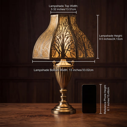Lotus Shape Large Metal Lamp Shade Precise Dimensions Size Reference Chart - Shade Installed on Ornate Antique Bronze or Aged Brass Urn-Shaped Table Lamp with Decorative Urn Body, Two Scrollwork Handles, and Fluted Stepped Plinth Base - Resting on Polished Dark Walnut Wood Table with Wood Grain - Rich Dark Wood Panel Wall Background with Decorative Panel Moldings - Precise Measurements Marked with White Lines: LAMPSHADE TOP WIDTH 5.32 inches (13.51 cm), LAMPSHADE BOTTOM WIDTH 13 inches (33.02 cm), LAMPSHADE