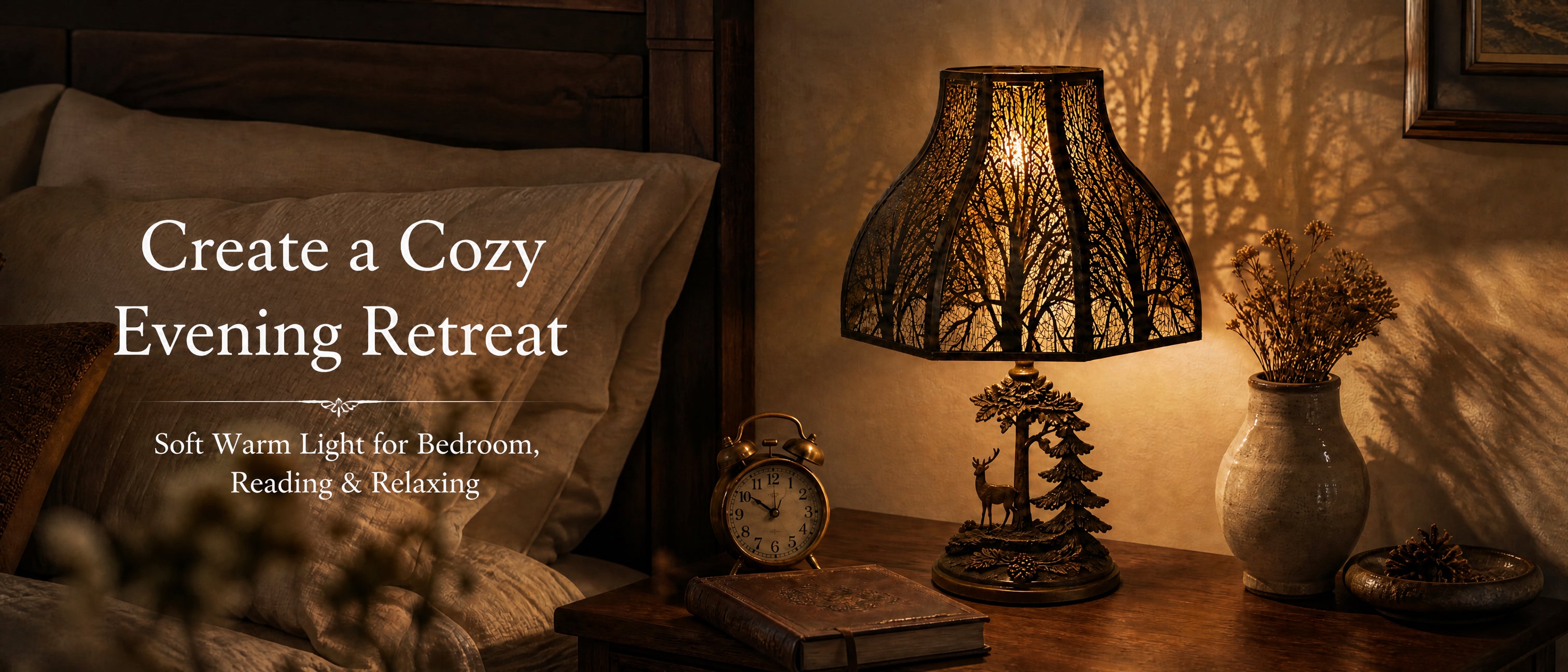Lotus Shape Large Metal Lamp Shade "Create a Cozy Evening Retreat" Bedroom Banner - Soft Warm Light for Bedroom, Reading and Relaxing - Shade Installed on Ornate Antique Bronze or Aged Brass Forest Themed Table Lamp Base Featuring Detailed Stag or Deer Sculpture with Pine Tree Branch and Pine Forest Carvings, Decorative Oval Resin or Metal Base with Embossed Forest Motif - Lamp Resting on Rustic Dark Wood Nightstand or Bedside Table with Wood Grain - Bedroom Accessories Include Antique Style Brass or Gold D