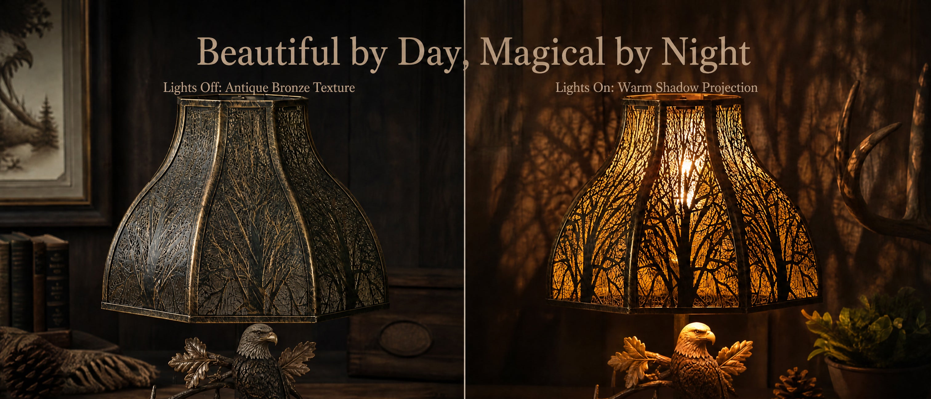 Lotus Shape Large Metal Lamp Shade "Beautiful by Day, Magical by Night" Two-Panel Comparison Banner - Left Panel "Beautiful by Day - Lights Off: Antique Bronze Texture" - Unlit Lamp in Vintage Traditional Interior with Wood Panel Wall, Decorative Bookshelf or Cabinet with Book, Framed Forest Artwork with Pine Tree Illustration, Beautiful Natural Feather Decoration, Pinecone Decoration - Antique Bronze or Aged Brass 8-Petal Lotus Bell Shape Metal Shade with Eight Panels Each Featuring Detailed Laser-Cut or M