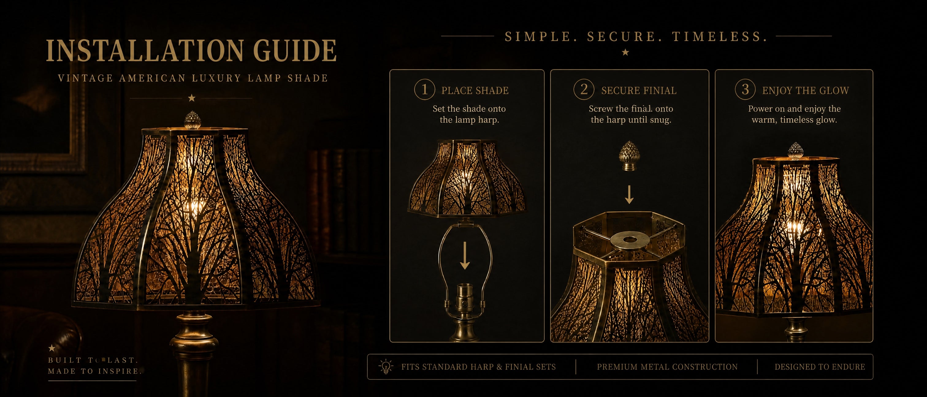 Lotus Shape Large Metal Lamp Shade "INSTALLATION GUIDE" Step-by-Step Installation Banner - Left Side Large Promotional Text: VINTAGE AMERICAN LUXURY LAMP SHADE with Decorative Star and Text BUILT TO LAST - MADE TO INSPIRE at Bottom Left - Shade Installed on Ornate Candlestick Table Lamp with Decorative Brass Finial - Large Lifestyle Image of Illuminated Lamp in Vintage Traditional Interior with Dark Wood Bookcase with Books - Antique Bronze 8-Petal Lotus Bell Shape Metal Shade with Eight Panels Each Featuri