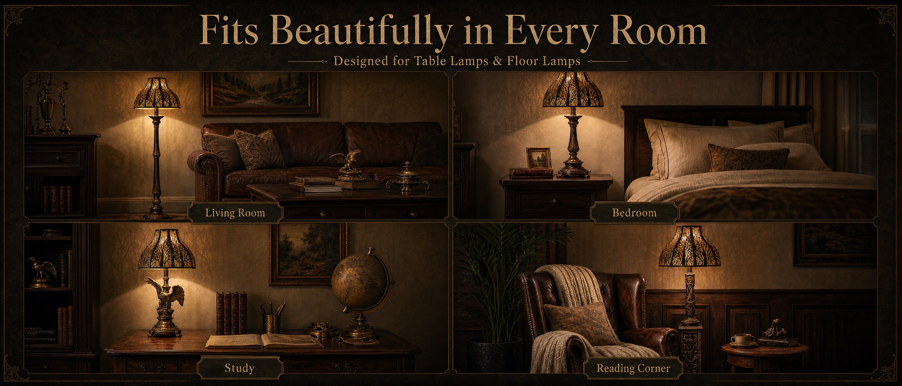 Lotus Shape Large Metal Lamp Shade "Fits Beautifully in Every Room" Multi-Room Application Grid or Collage Banner - Title Text: Fits Beautifully in Every Room - Designed for Table Lamps and Floor Lamps - Four Separate Room Settings Each with Decorative Label: Top Left "LIVING ROOM" - Shade on Tall Ornate Antique Brass or Bronze Candlestick Floor Lamp with Decorative Base in Elegant Traditional Living Room with Dark Chesterfield Tufted Brown Leather Sofa, Decorative Toss Pillows, Dark Wood Coffee Table with 
