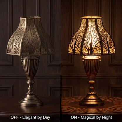 Lotus Shape Large Metal Lamp Shade ON/OFF Two-Panel Comparison on Same Ornate Antique Bronze or Aged Brass Urn-Shaped Table Lamp with Decorative Handles and Stepped Base - Left Panel "OFF - Elegant by Day" - Unlit Lamp on Round Polished Dark Wood Table with Rich Dark Wood Panel Wall Background - Antique Bronze or Aged Brass 8-Petal Lotus Bell Shape Metal Shade with Eight Panels Each Featuring Intricate Laser-Cut Bare Winter Forest Tree Branch Pattern in Dark Bronze Finish - Shows Shade as Elegant Decorative