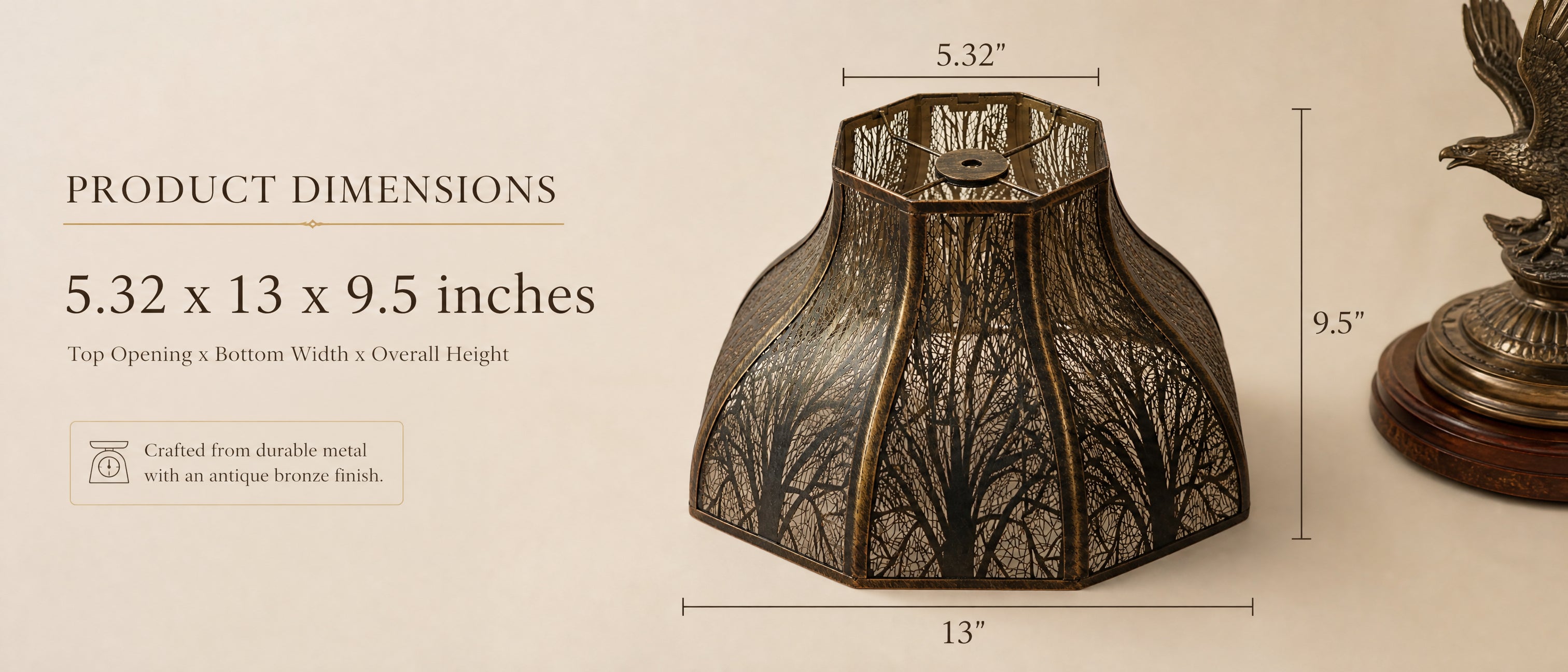 Lotus Shape Large Metal Lamp Shade Product Dimensions Chart Against Plain Light Cream or Off-White Background - Decorative Scale Element: Portion of Ornate Antique Bronze or Aged Brass Eagle Sculpture Lamp Base with Wooden Plinth on Right Side for Size Reference - Large Text Label "PRODUCT DIMENSIONS" with Decorative Divider Lines - Prominent Large Numbers: 5.32 x 13 x 9.5 inches with Description: Top Opening x Bottom Width x Overall Height - Decorative Icon Box Reads: Crafted from durable metal with an ant
