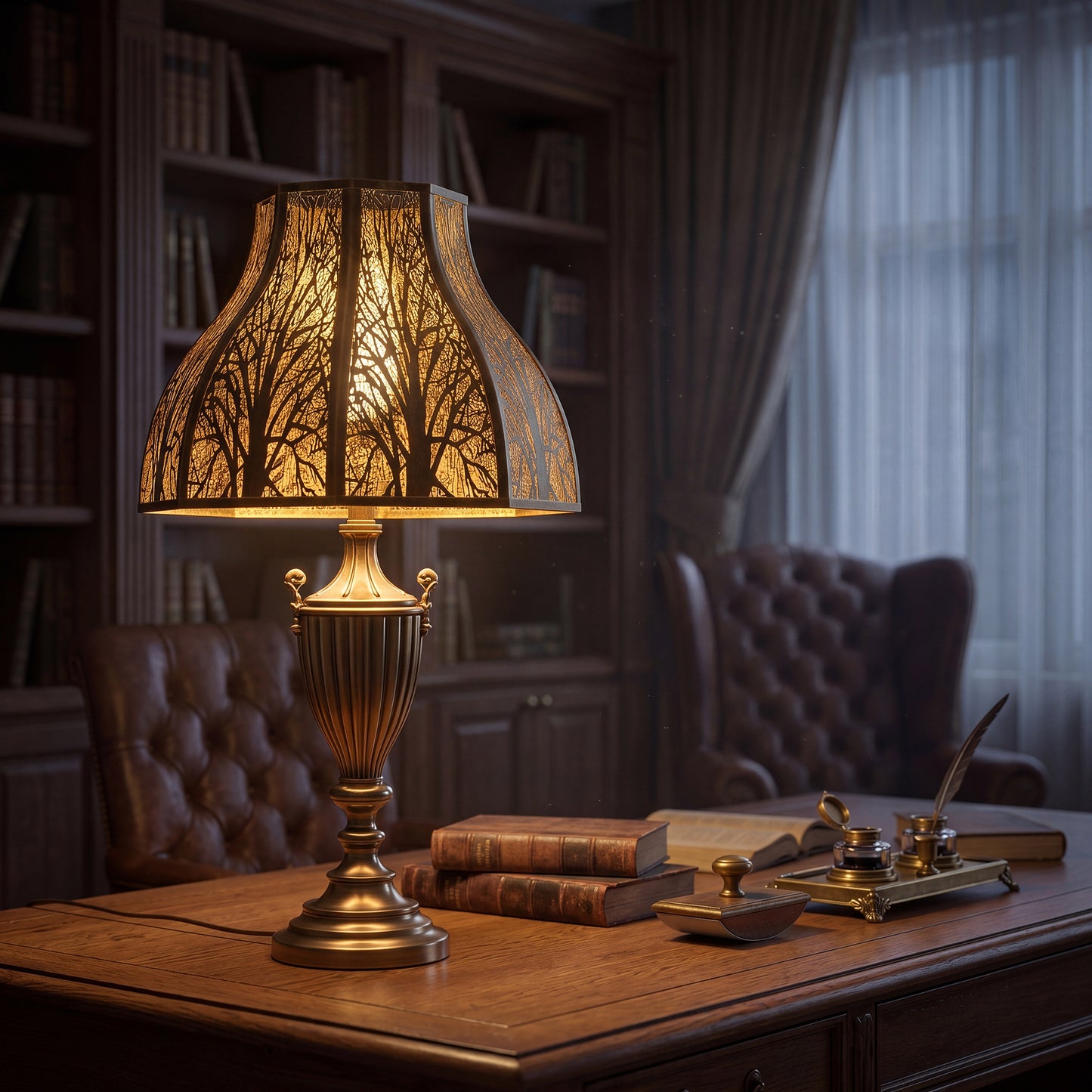 Lotus Shape Large Metal Lamp Shade on Ornate Antique Bronze or Aged Brass Urn-Shaped Table Lamp with Decorative Two Scrollwork Handles and Fluted Stepped Plinth Base Placed on Large Polished Dark Walnut Wood Executive Desk or Library Table in Elegant Vintage Traditional Study, Library or Office - Desk Accessories Include Two Stacked Antique Leather-Bound Books with Decorative Spine Designs, Open Flat Laid Book, Elegant Brass and Glass Inkwell with Brass Lid, Decorative Brass Quill or Feather Pen Holder with