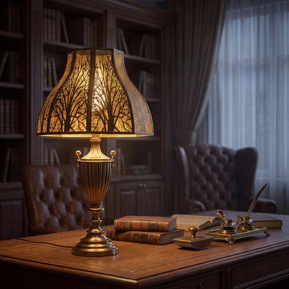 Lotus Shape Large Metal Lamp Shade on Ornate Antique Bronze or Aged Brass Urn-Shaped Table Lamp with Decorative Two Scrollwork Handles and Fluted Stepped Plinth Base Placed on Large Polished Dark Walnut Wood Executive Desk or Library Table in Elegant Vintage Traditional Study, Library or Office - Desk Accessories Include Two Stacked Antique Leather-Bound Books with Decorative Spine Designs, Open Flat Laid Book, Elegant Brass and Glass Inkwell with Brass Lid, Decorative Brass Quill or Feather Pen Holder with