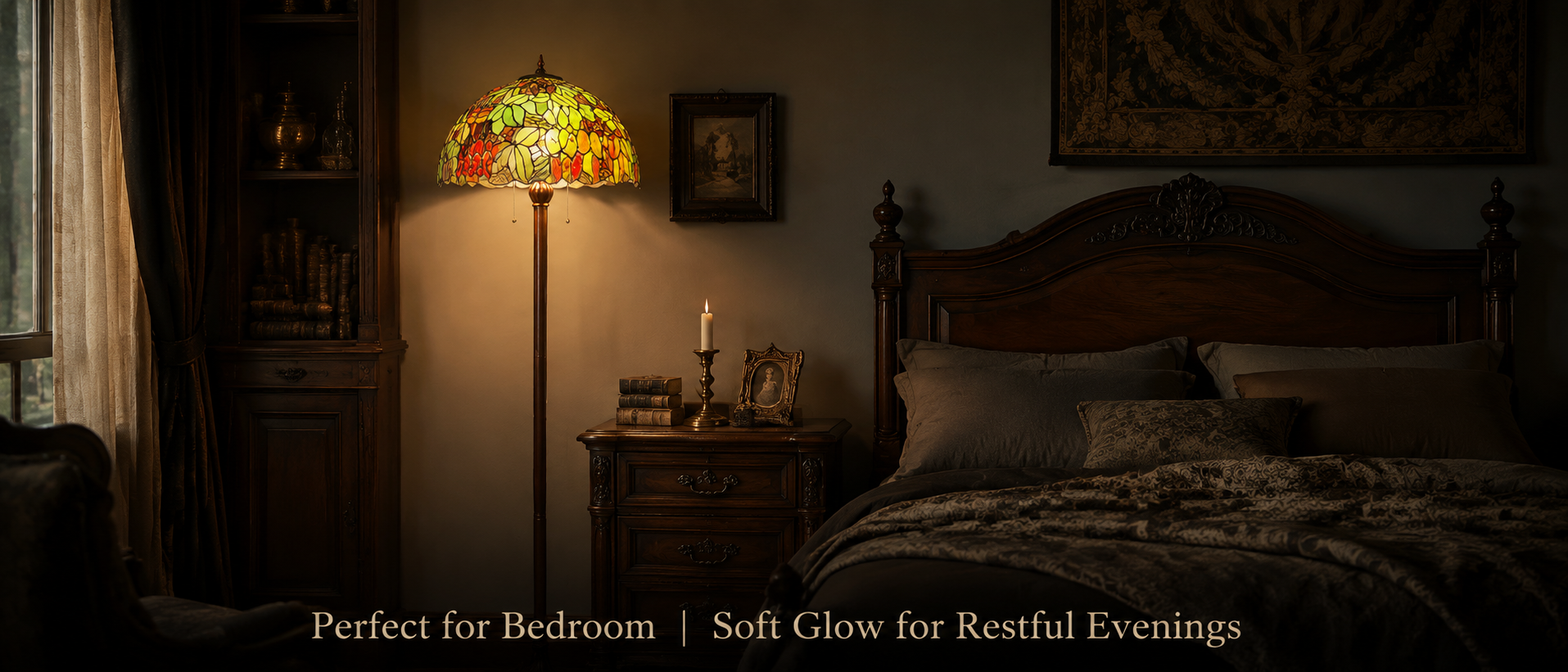 Luxury bedroom featuring Tiffany floor light with soft ambient glow for relaxing evenings and elegant interior decoration