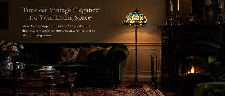 Luxury Blue Tulip Tiffany floor lamp enhancing a classic living room with warm illumination and timeless vintage elegance