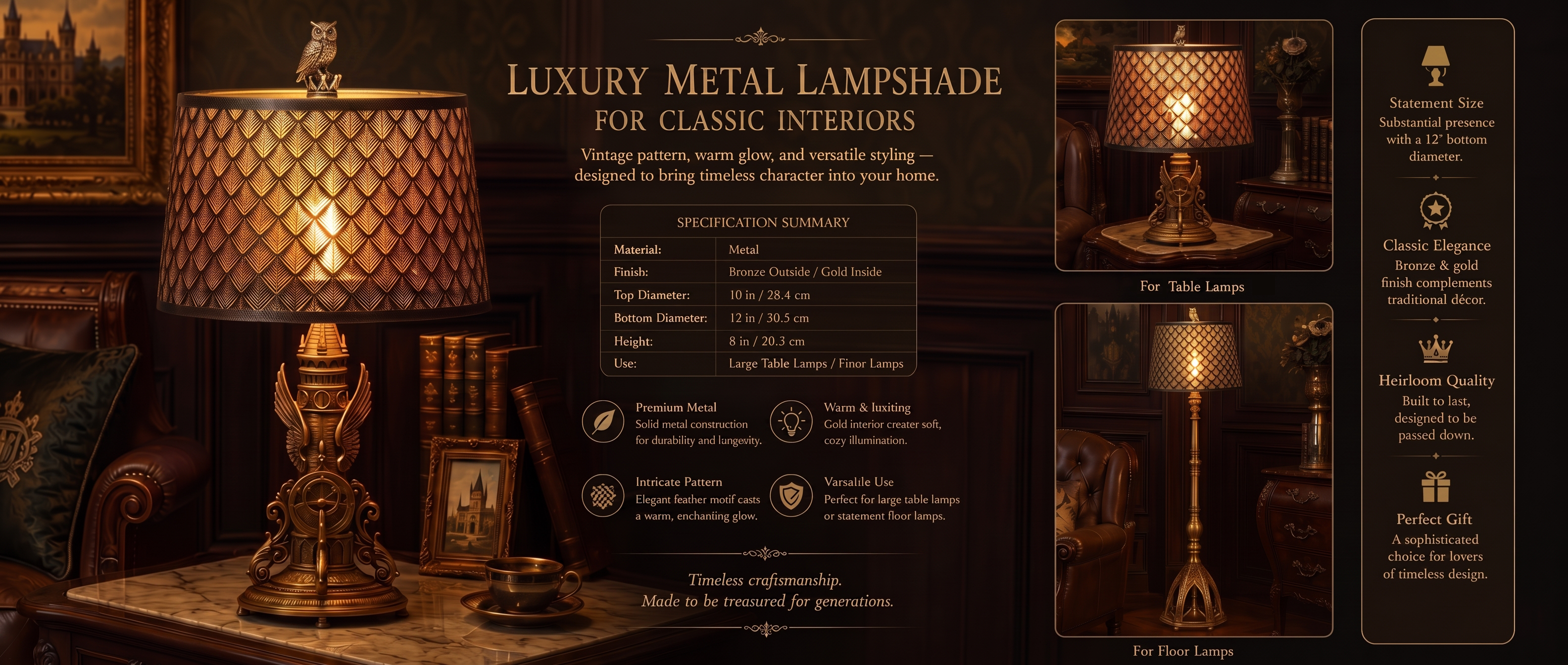 Luxury metal lamp shades at home with a bronze exterior, golden interior, decorative cutout pattern, and versatile sizing for  table and floor lamps