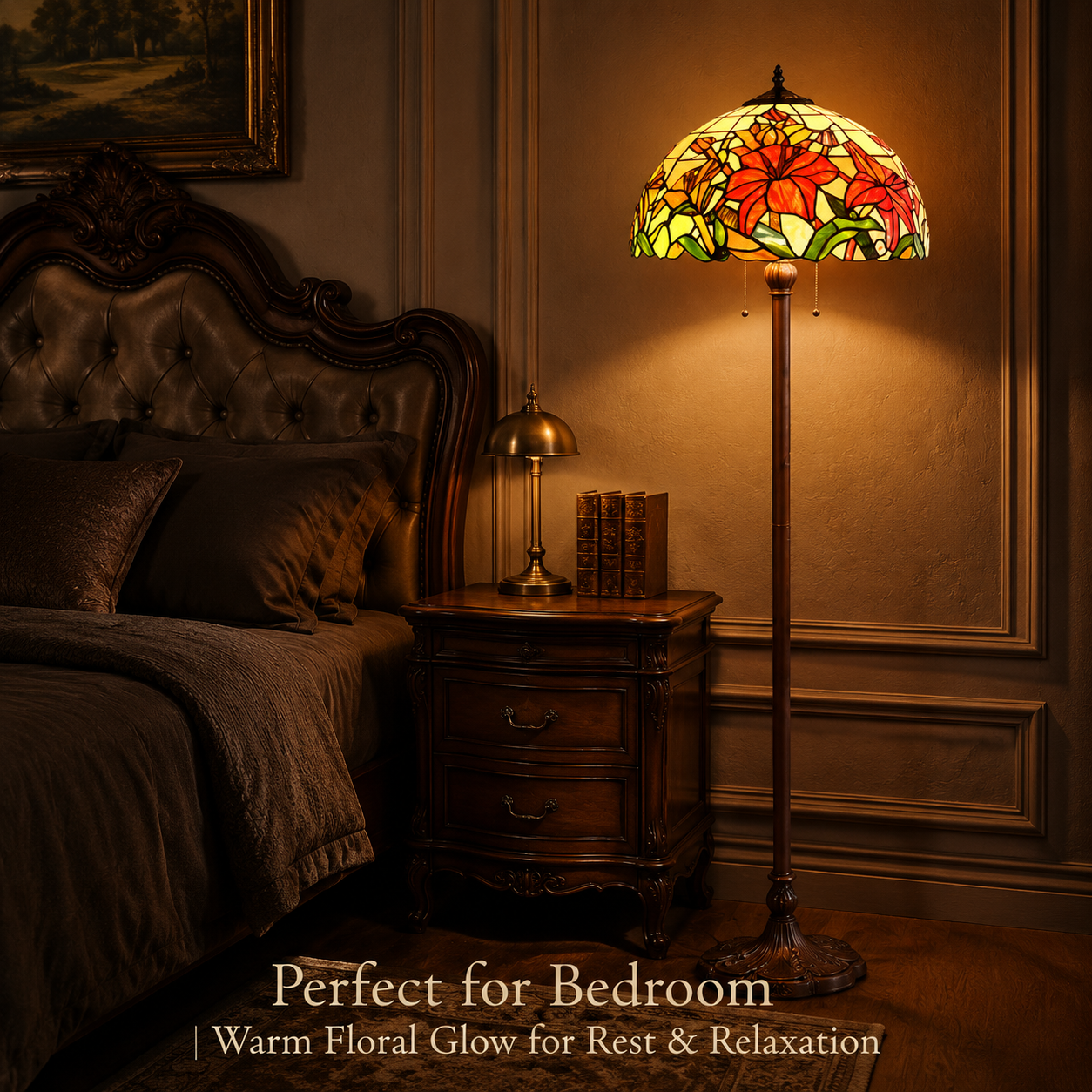 Luxury Red Lily Tiffany floor lighting creating warm floral ambiance in an elegant bedroom interior