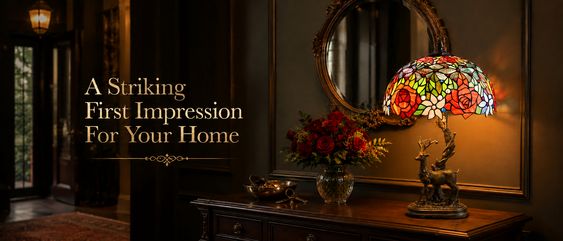 Luxury rose Tiffany lamp with colorful stained glass shade enhancing an elegant entryway and classic home interior