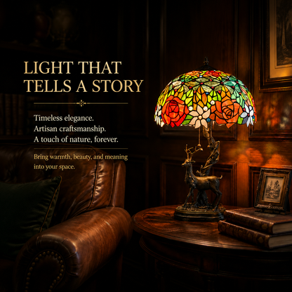 Luxury rose Tiffany table lamp with colorful stained glass shade creating a warm classic home interior atmosphere