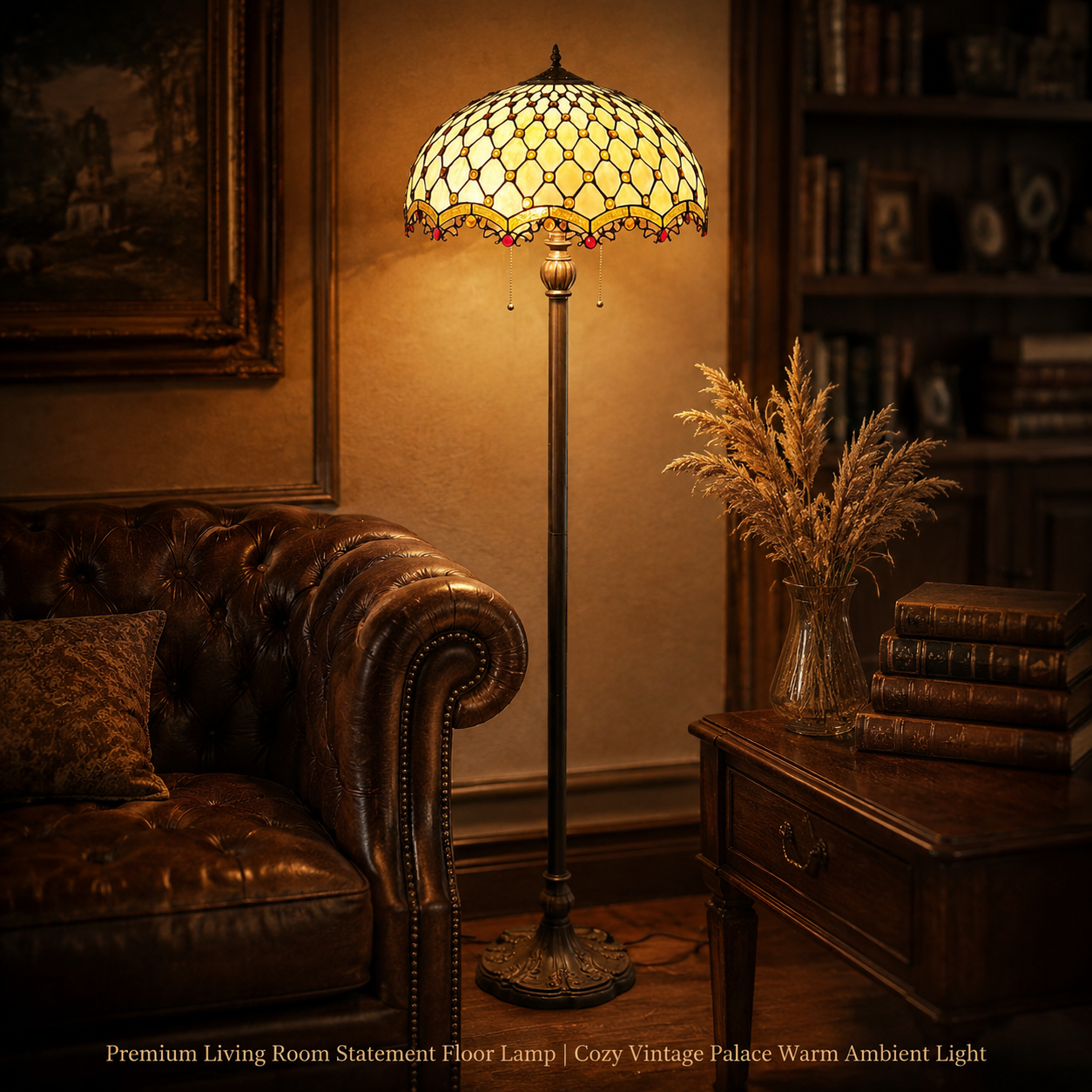 Luxury Tiffany standing lamp creating elegant warm lighting for classic home decor and vintage interiors