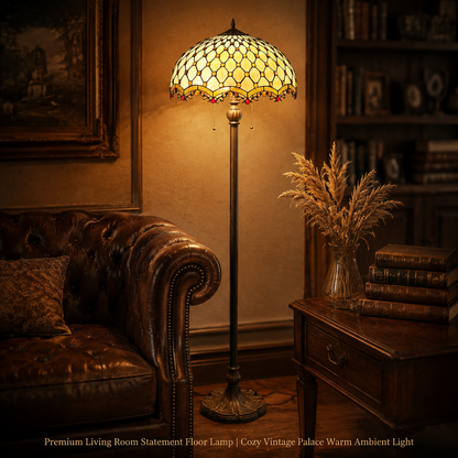 Luxury Tiffany standing lamp creating elegant warm lighting for classic home decor and vintage interiors