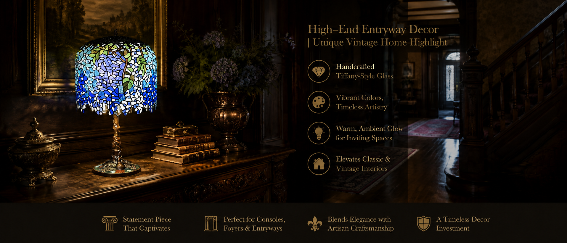 Luxury Tiffany style table lamp decorating an elegant entryway with handcrafted glass artistry and warm glow