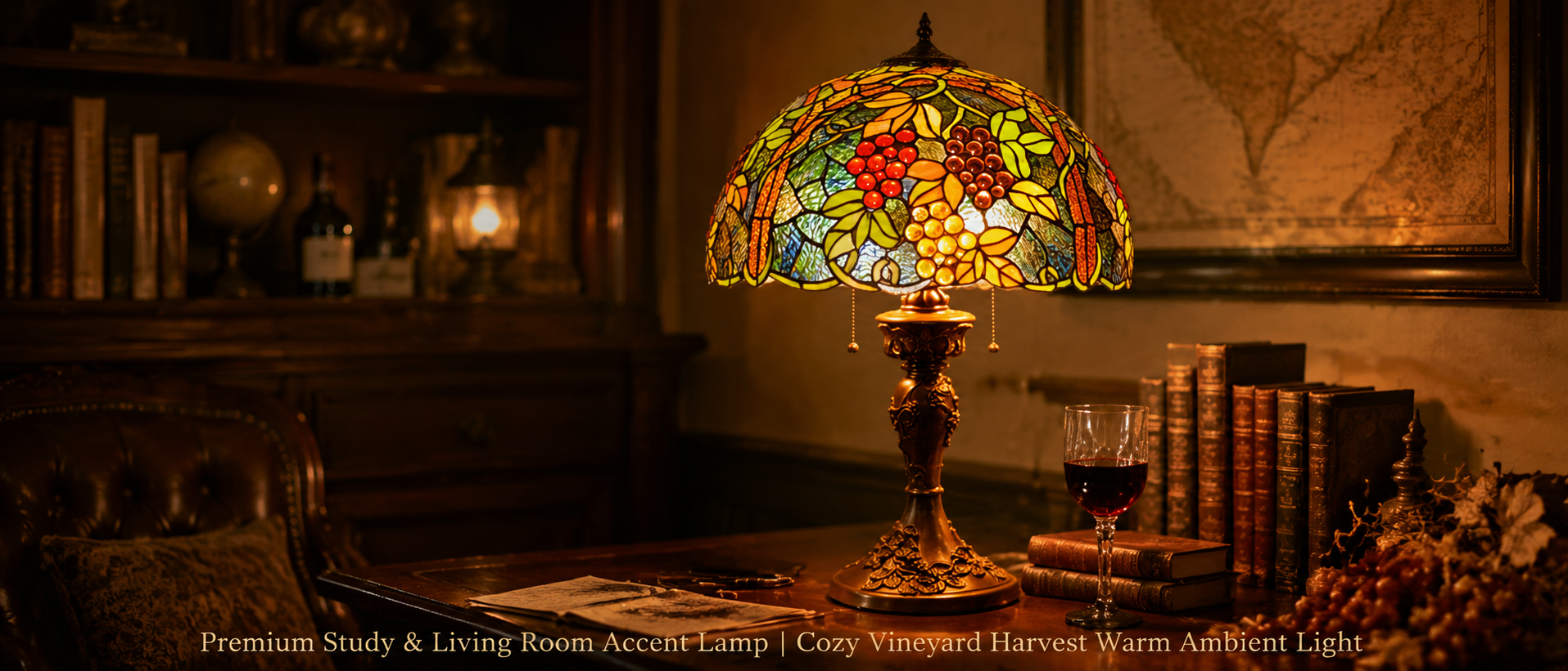 Luxury vineyard inspired table lamp adding warm decorative lighting to an elegant study room
