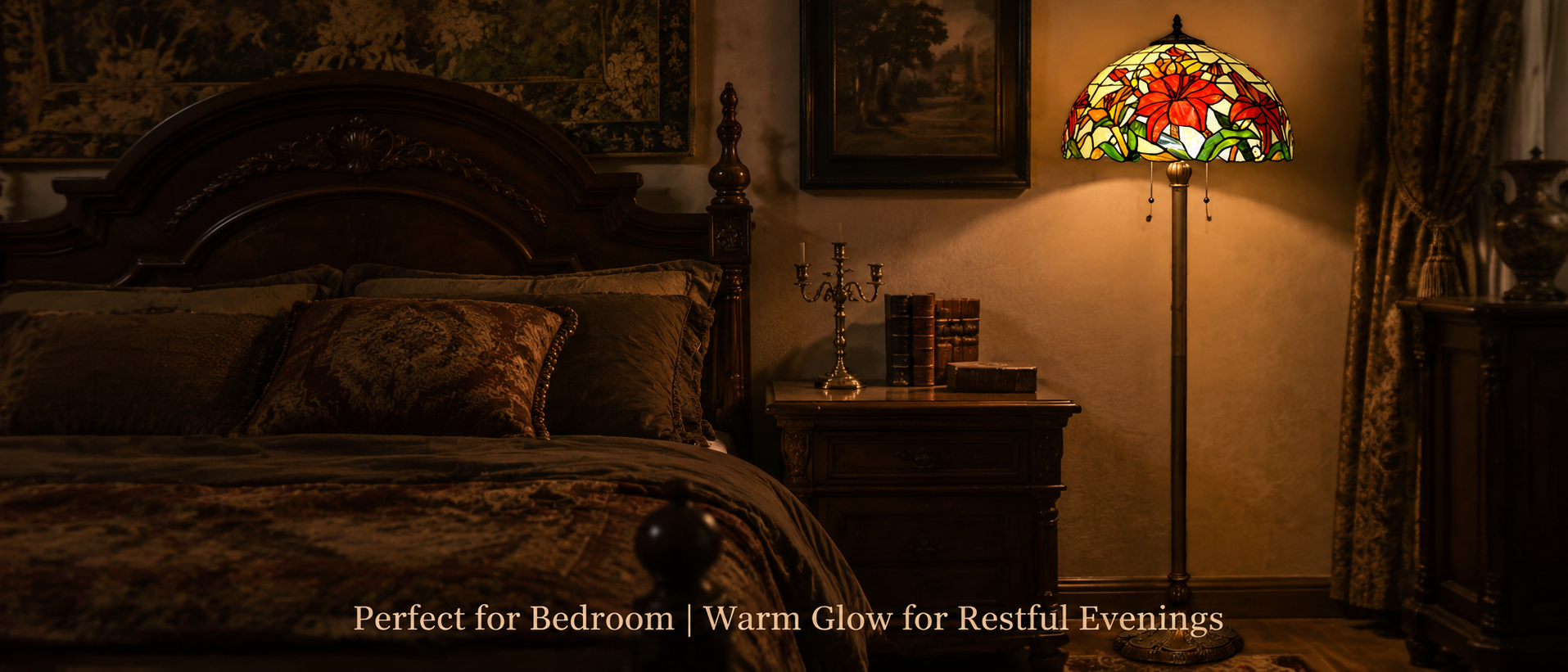 Luxury vintage bedroom lighting featuring a floral floor lamp with warm relaxing illumination