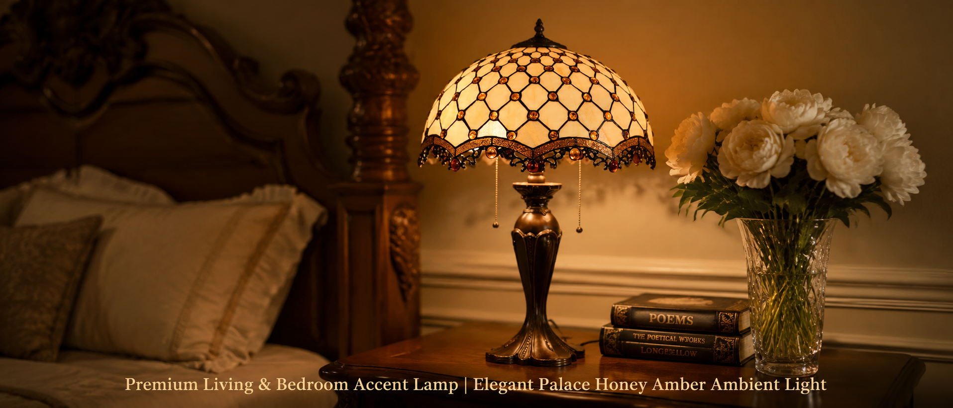 Luxury vintage bedside lamp adding warm ambient lighting to an elegant traditional bedroom interior