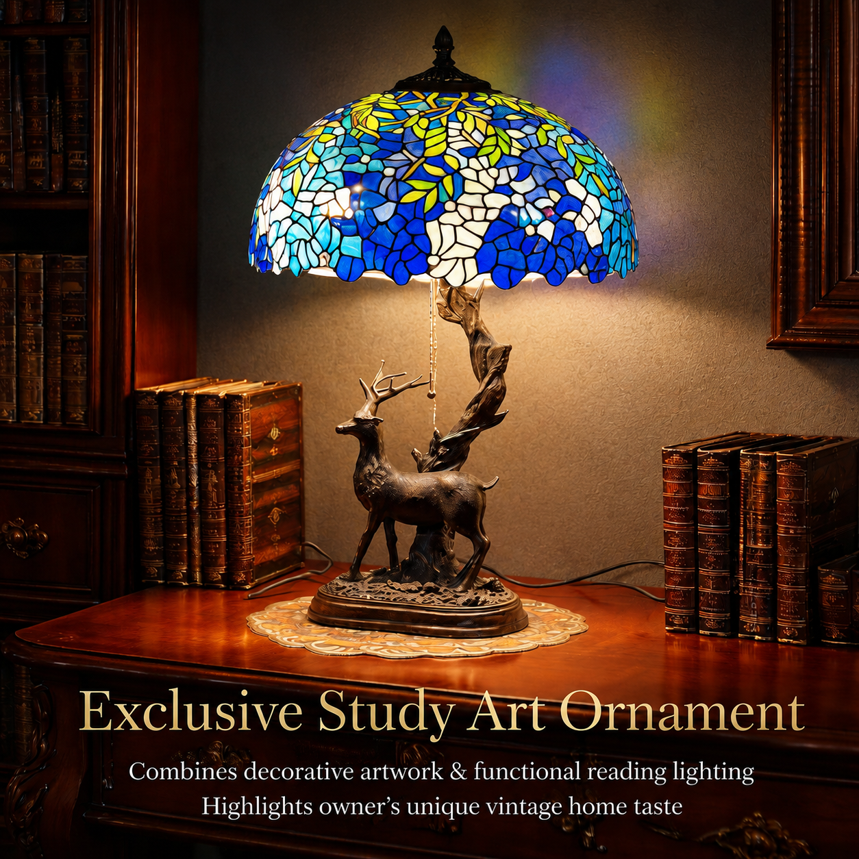 Luxury vintage Tiffany table lamp with wisteria stained glass shade displayed on an antique study desk