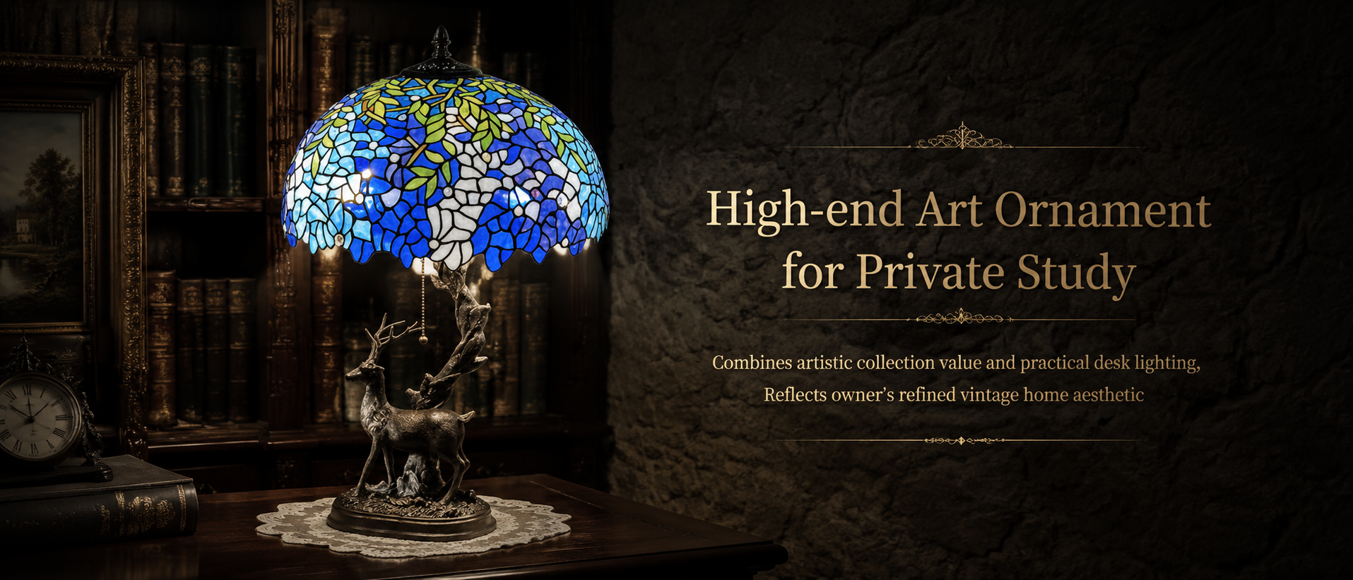 Luxury wisteria stained glass desk lamp displayed in a private study with vintage books and classic interior decor